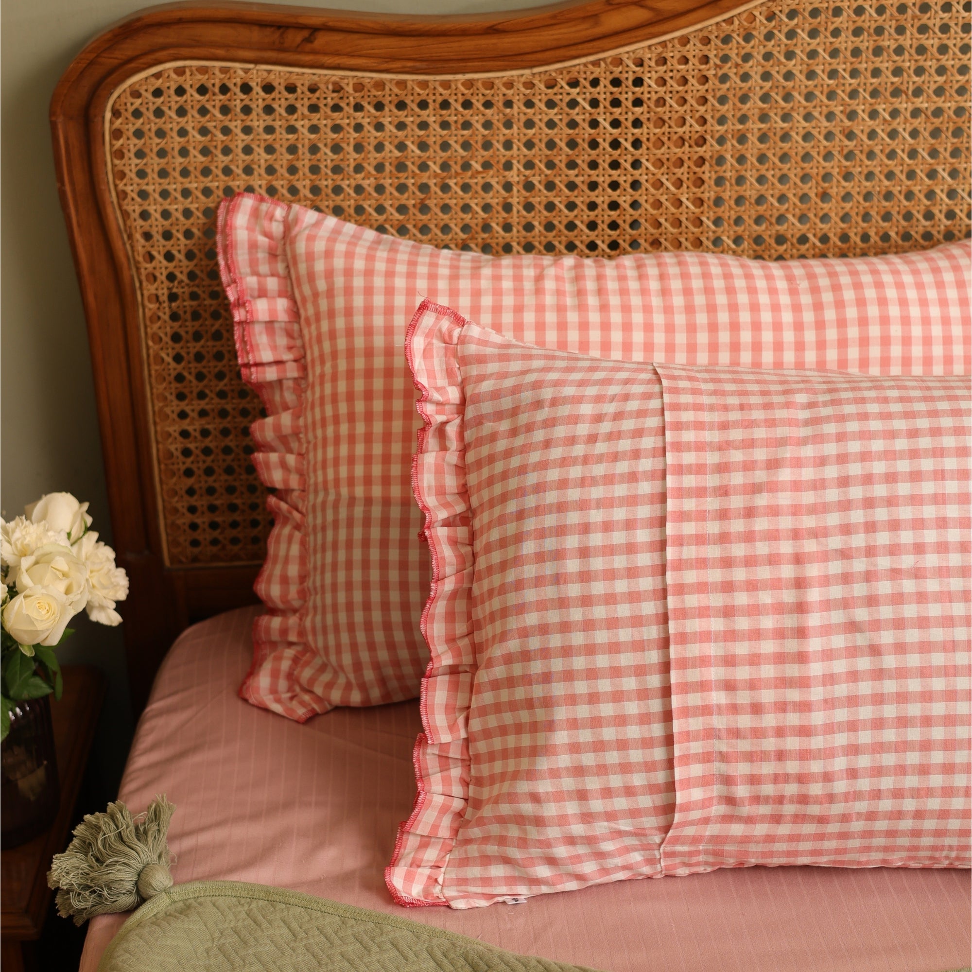 Peach Gingham Ruffle Pillow Cover