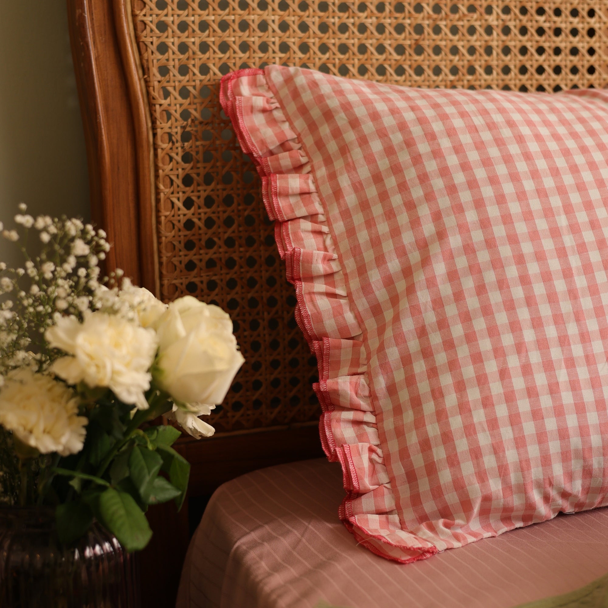 Peach Gingham Ruffle Pillow Cover