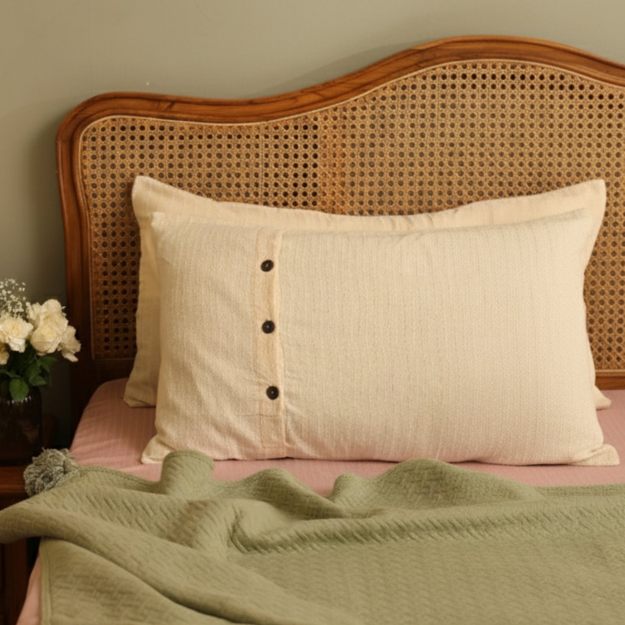 Textured Cream Wooden Button Pillow Cover