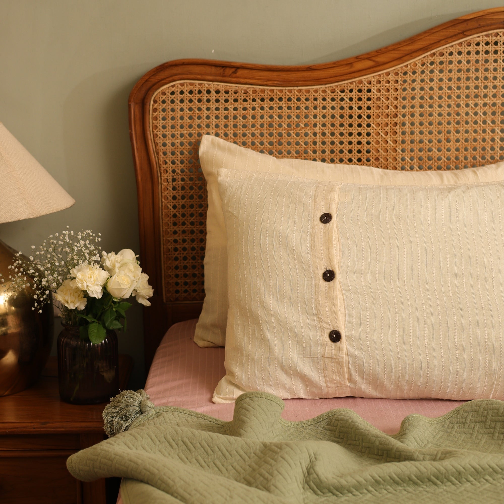 Textured Cream Wooden Button Pillow Cover