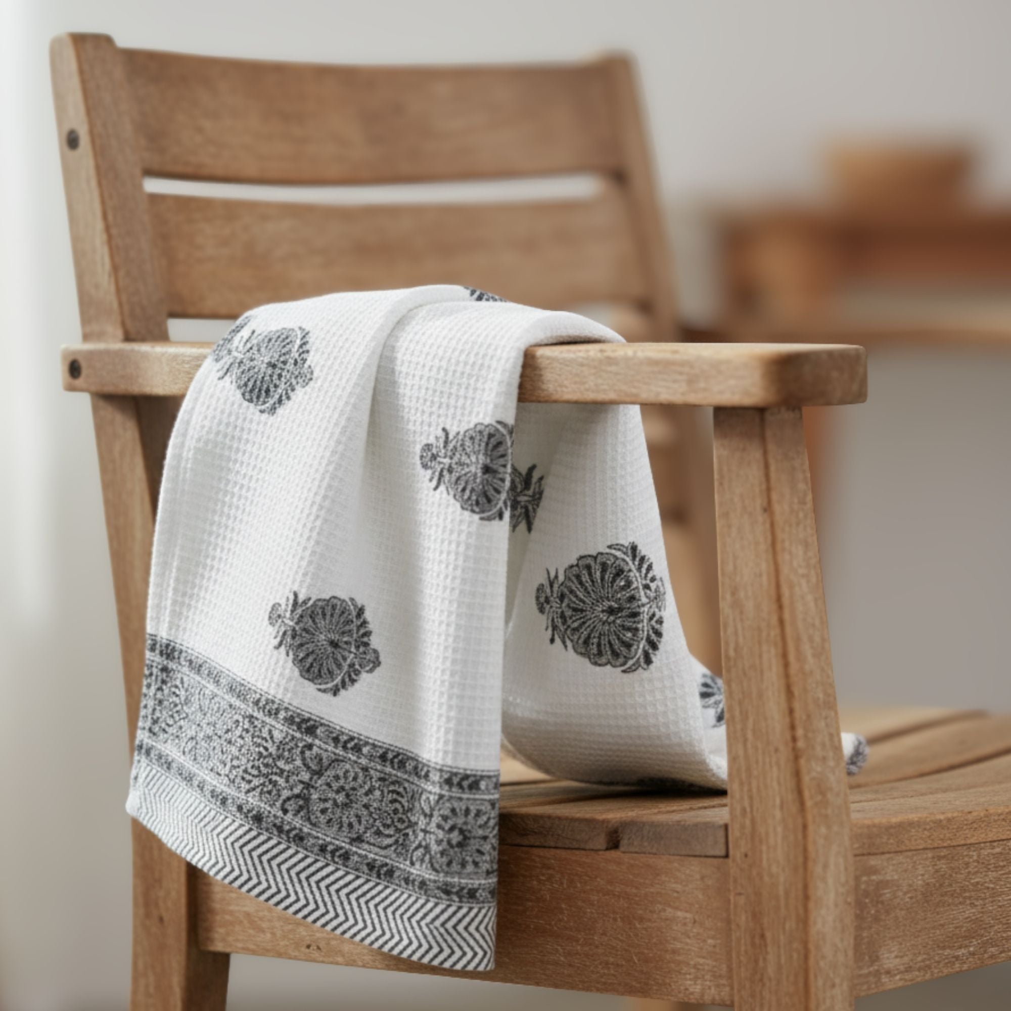 Waffle Weave Cotton Bath Towel | Hand Block Printed Indigo Blue Floral Motif | Super Absorbent, Soft & Quick Dry Bath