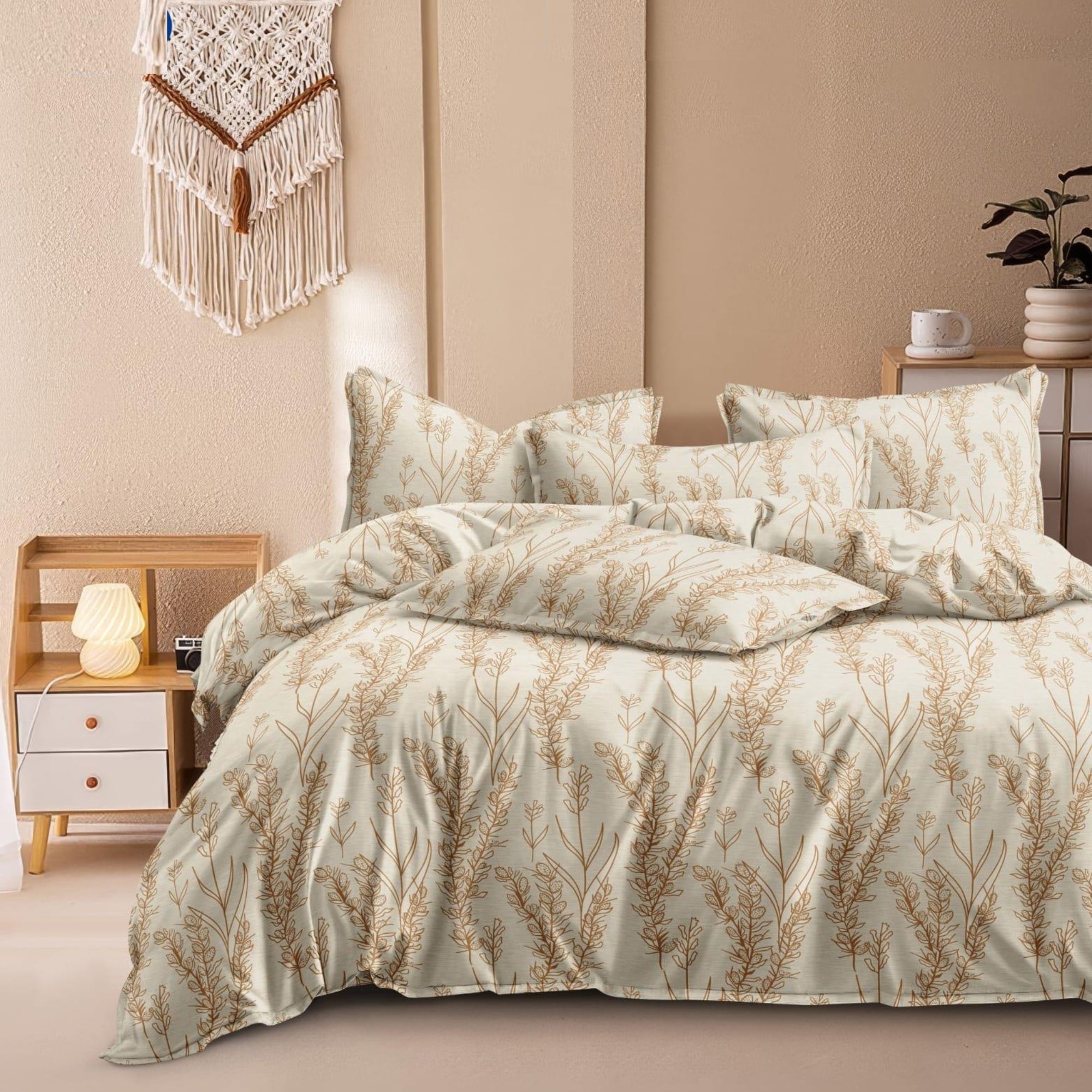 Cotton King Size Bedsheet Light Beige Bedsheet with Golden Brown Leaf Print – Soft & Breathable Double BedSheet