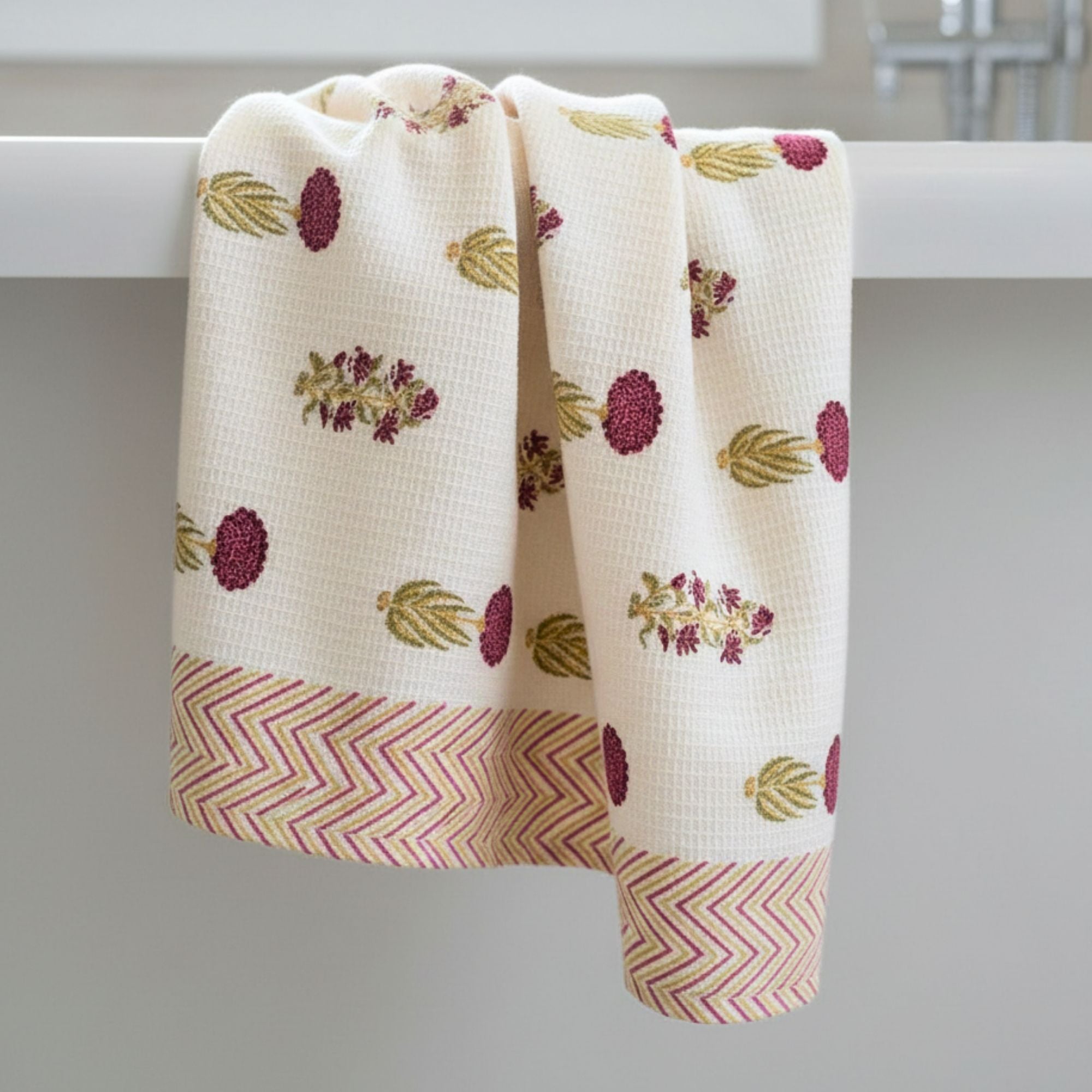 Waffle Weave Cotton Bath Towel | Hand Block Printed Pink & Gold Chevron Motif | Super Absorbent, Soft & Quick Dry Towel