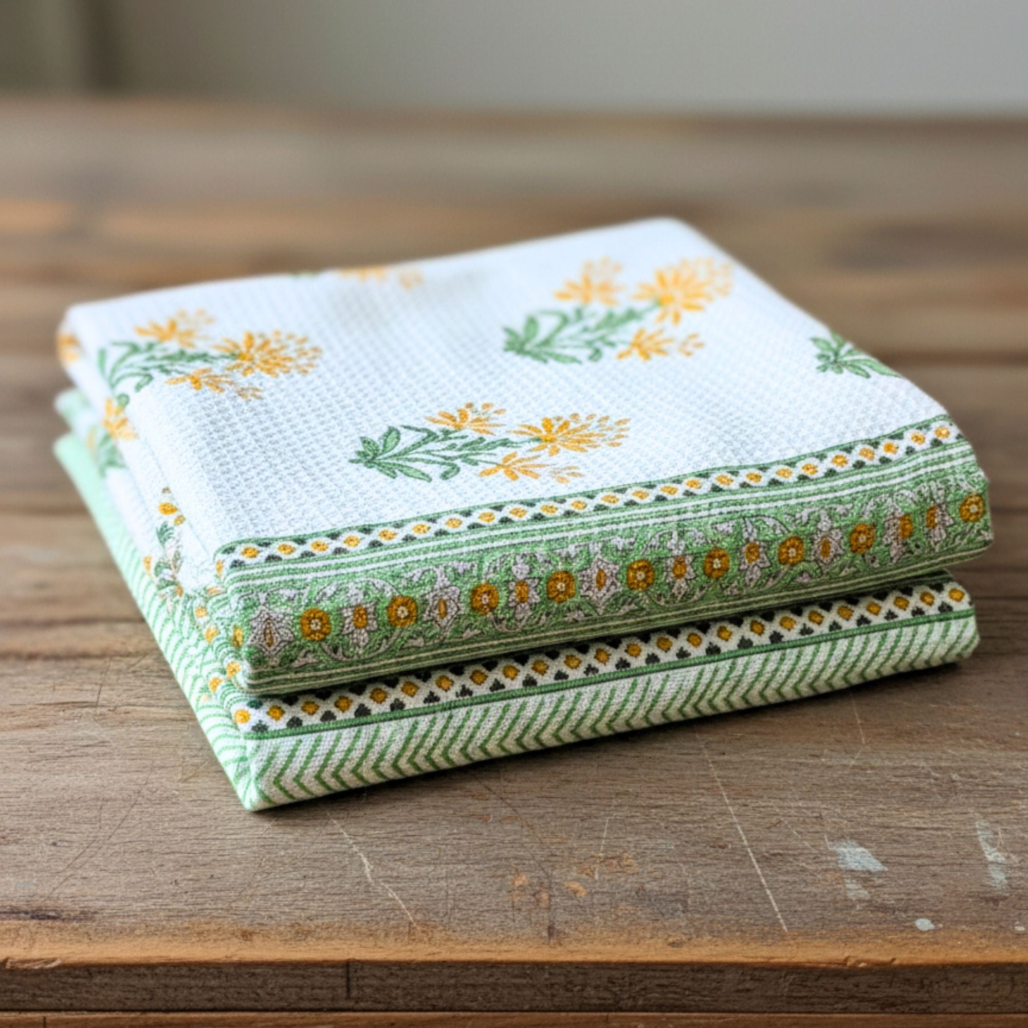 Waffle Weave Cotton Bath Towel Hand Block Printed Yellow Marigold & Green Floral | Super Absorbent, Soft & Quick Dry Bath