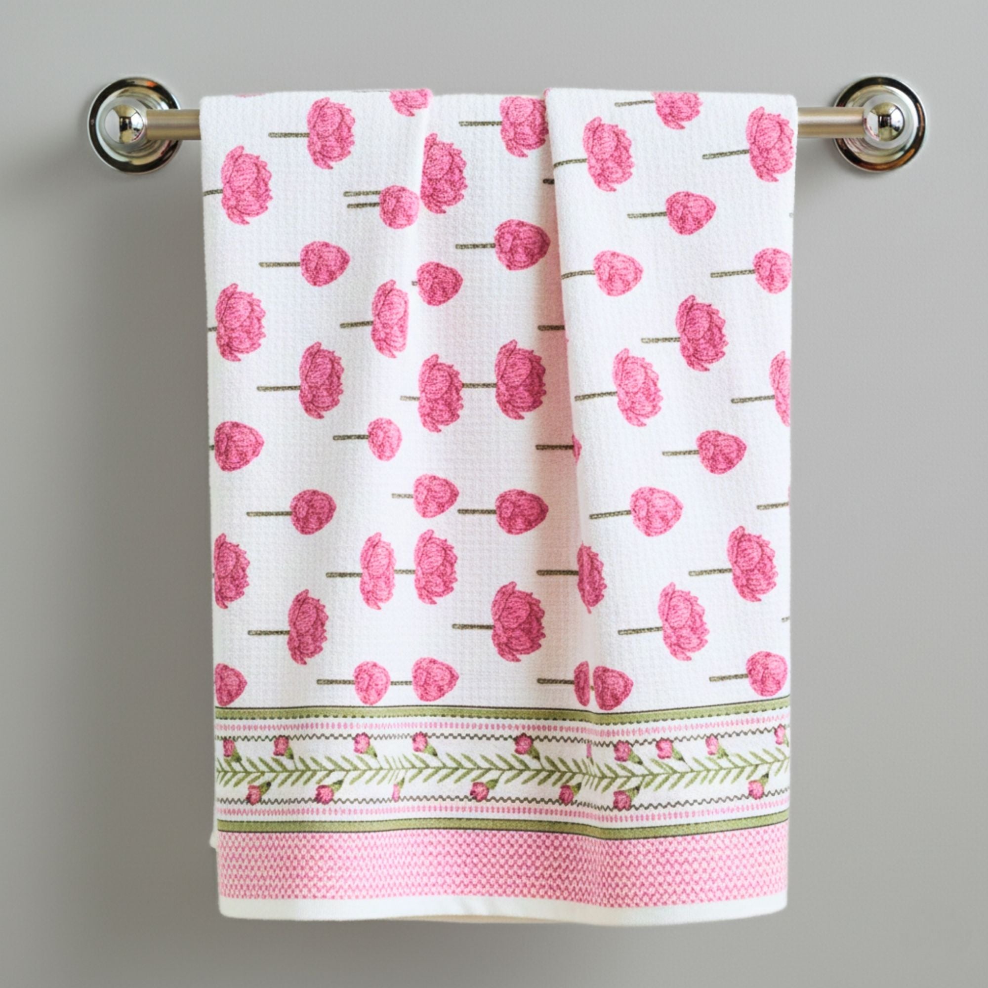 Waffle Weave Towel Set | Screen Print Red Floral Bud Motif | Super Absorbent Bath Towel 2 Hand Towels