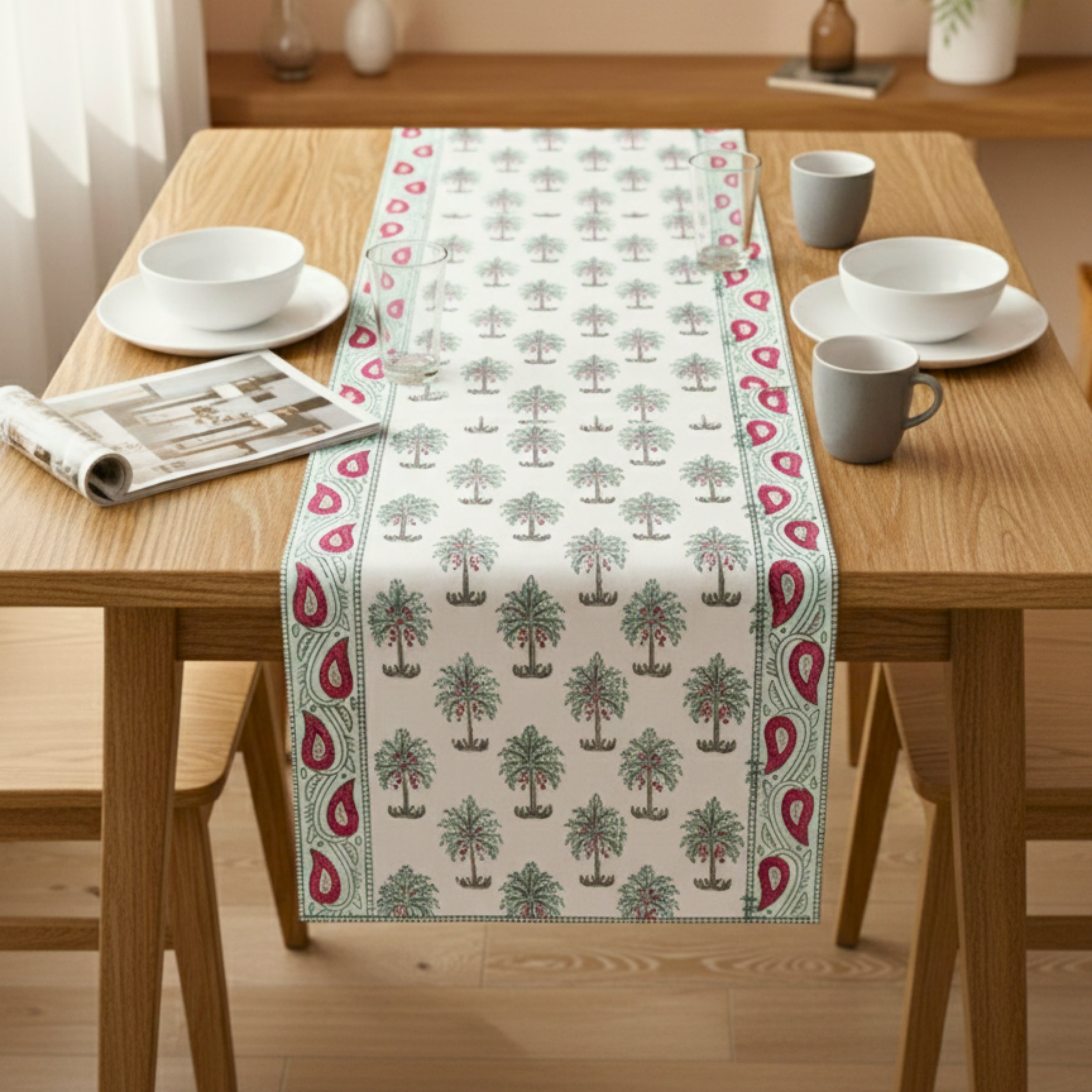 Hand Block Print Canvas Table Runner Red, Teal & Grey Mughal Motif Durable Cotton Canvas Table Linen