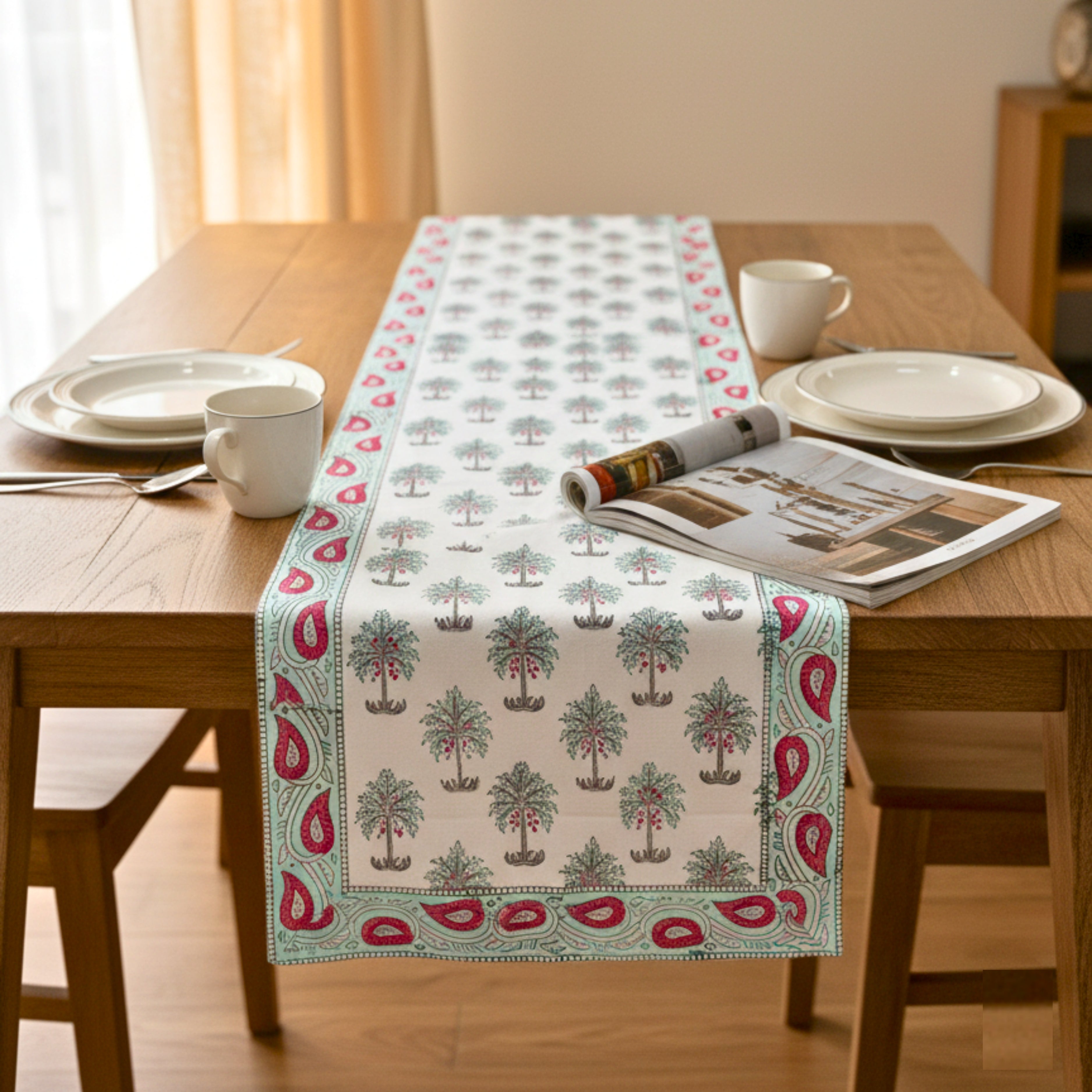 Hand Block Print Canvas Table Runner Red, Teal & Grey Mughal Motif Durable Cotton Canvas Table Linen