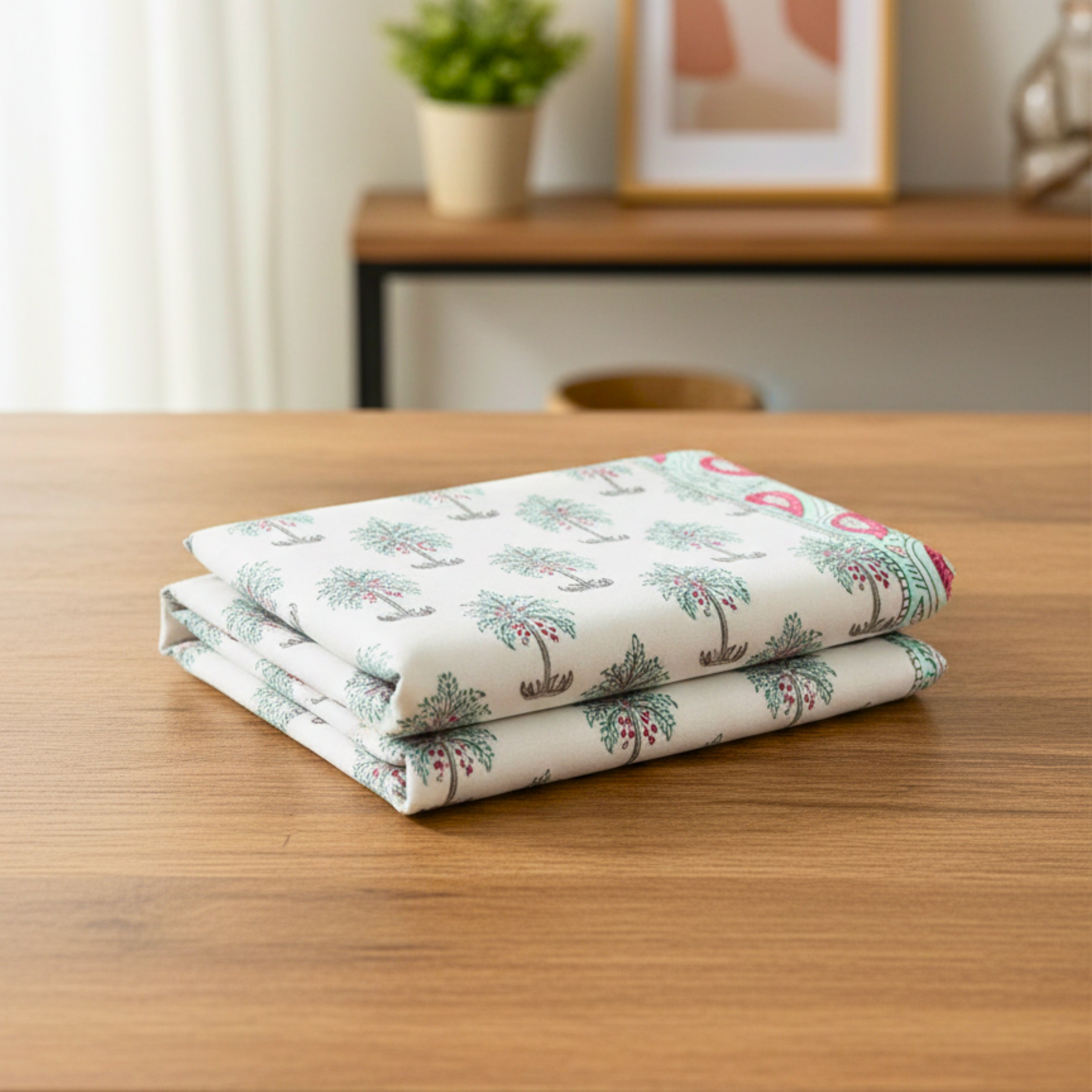 Hand Block Print Canvas Table Runner Red, Teal & Grey Mughal Motif Durable Cotton Canvas Table Linen