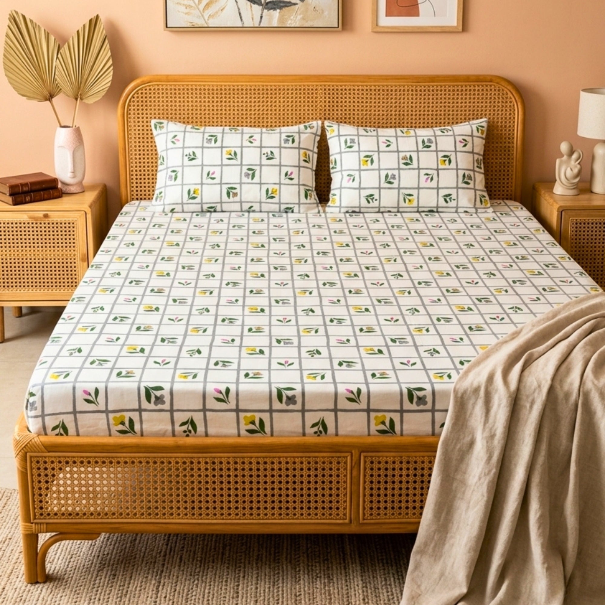 Sage Green & White Grid Pattern with Dainty Floral Screen Print – Soft, Breathable Flat Sheet