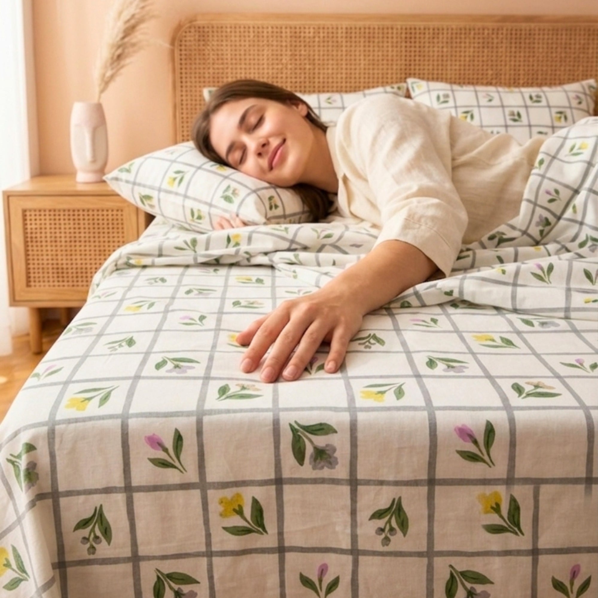Sage Green & White Grid Pattern with Dainty Floral Screen Print – Soft, Breathable Flat Sheet