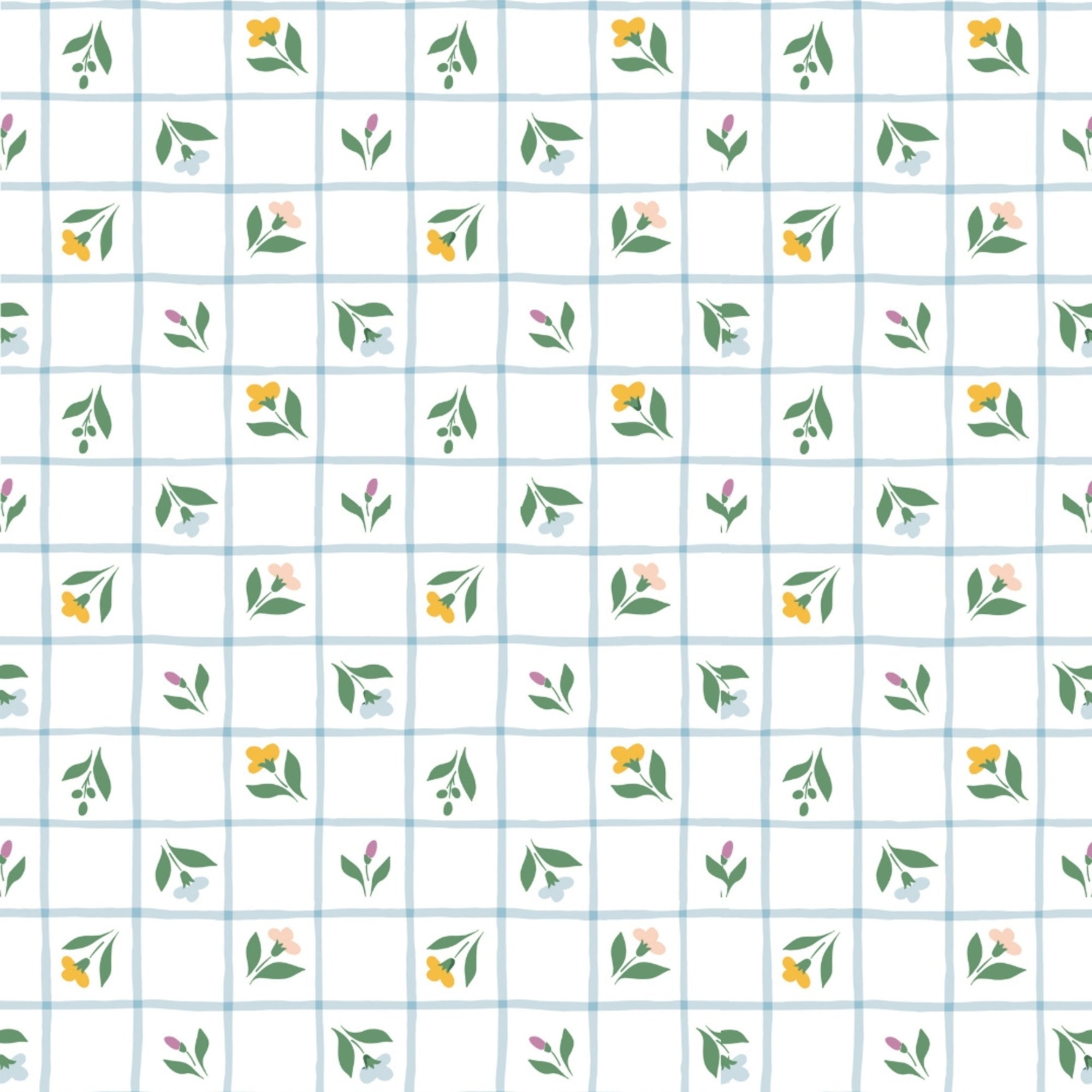 Sage Green & White Grid Pattern with Dainty Floral Screen Print – Soft, Breathable Flat Sheet