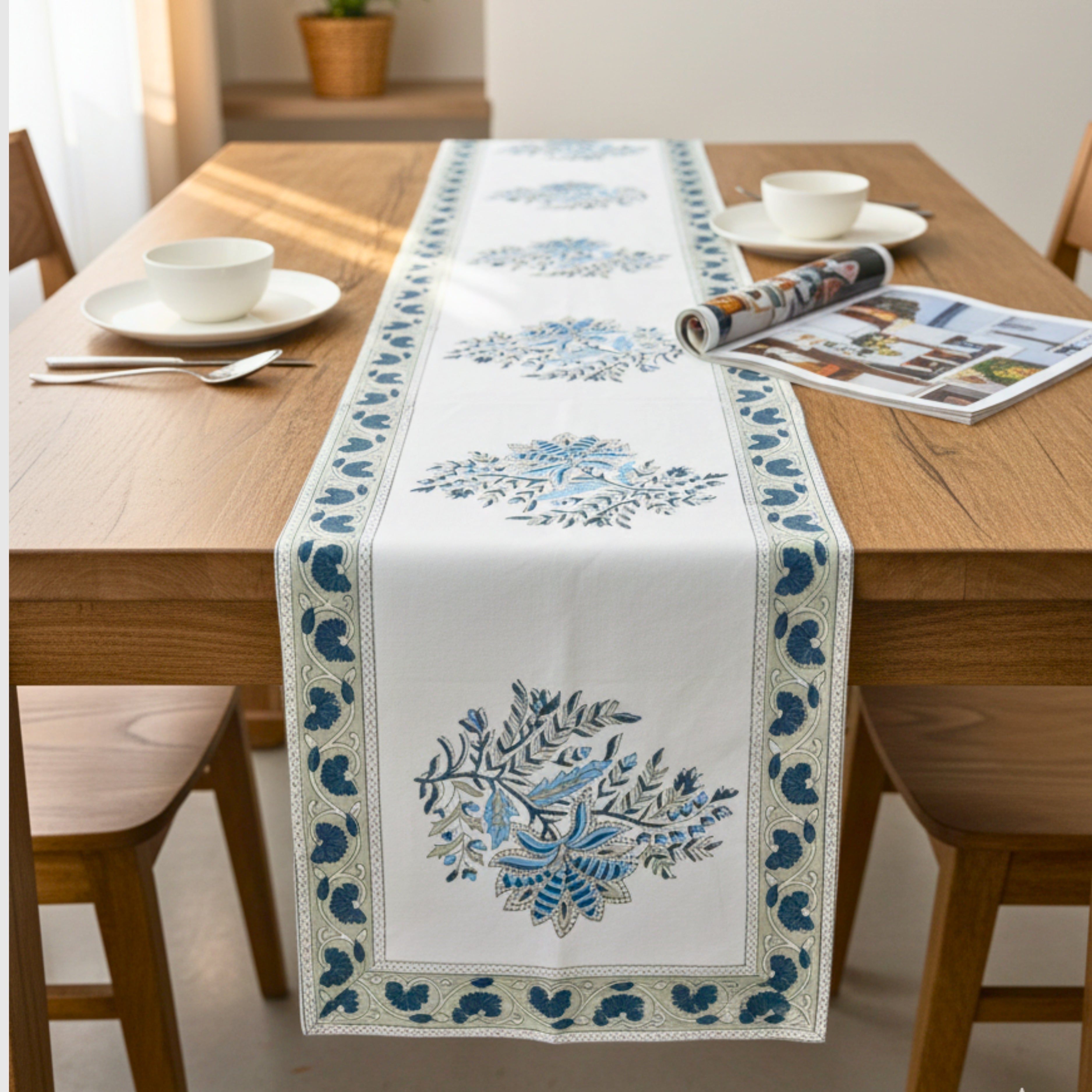 Hand Block Print Canvas Table Runner Indigo Blue Floral Motif Durable Cotton Canvas Dining Linen.