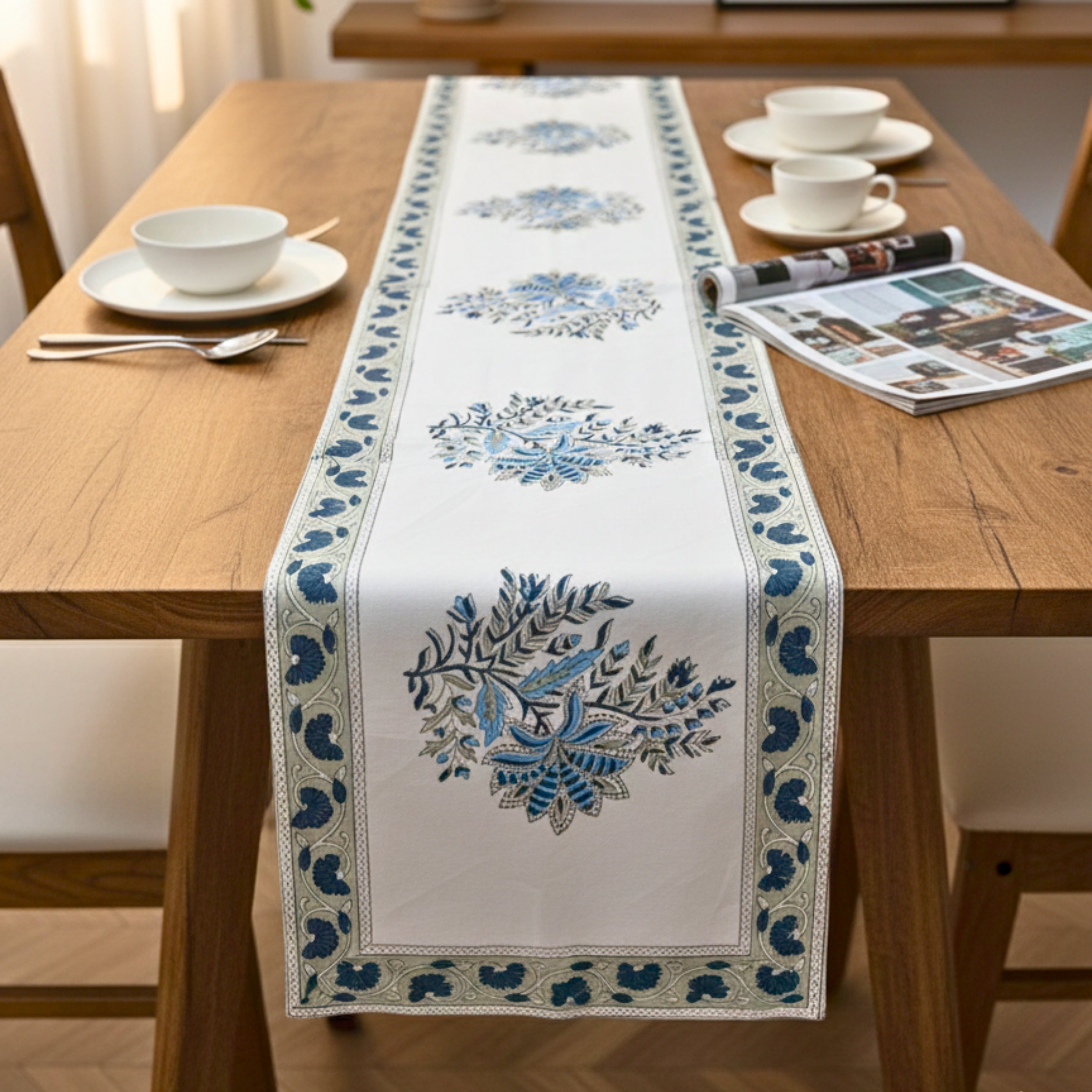 Hand Block Print Canvas Table Runner Indigo Blue Floral Motif Durable Cotton Canvas Dining Linen.
