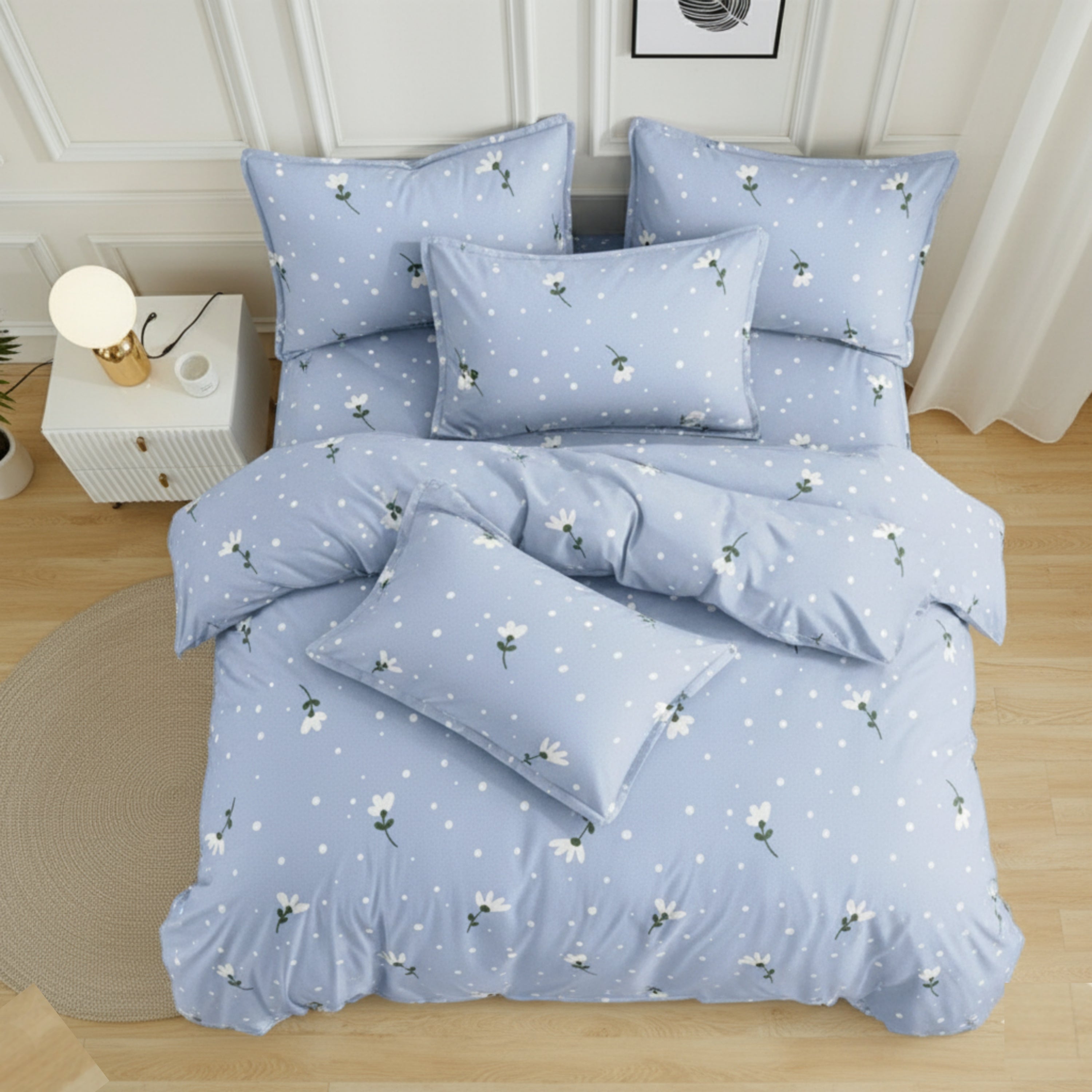 Bedsheet for Double Bed Queen Size Light Blue Floral & Polka Dot Print.
