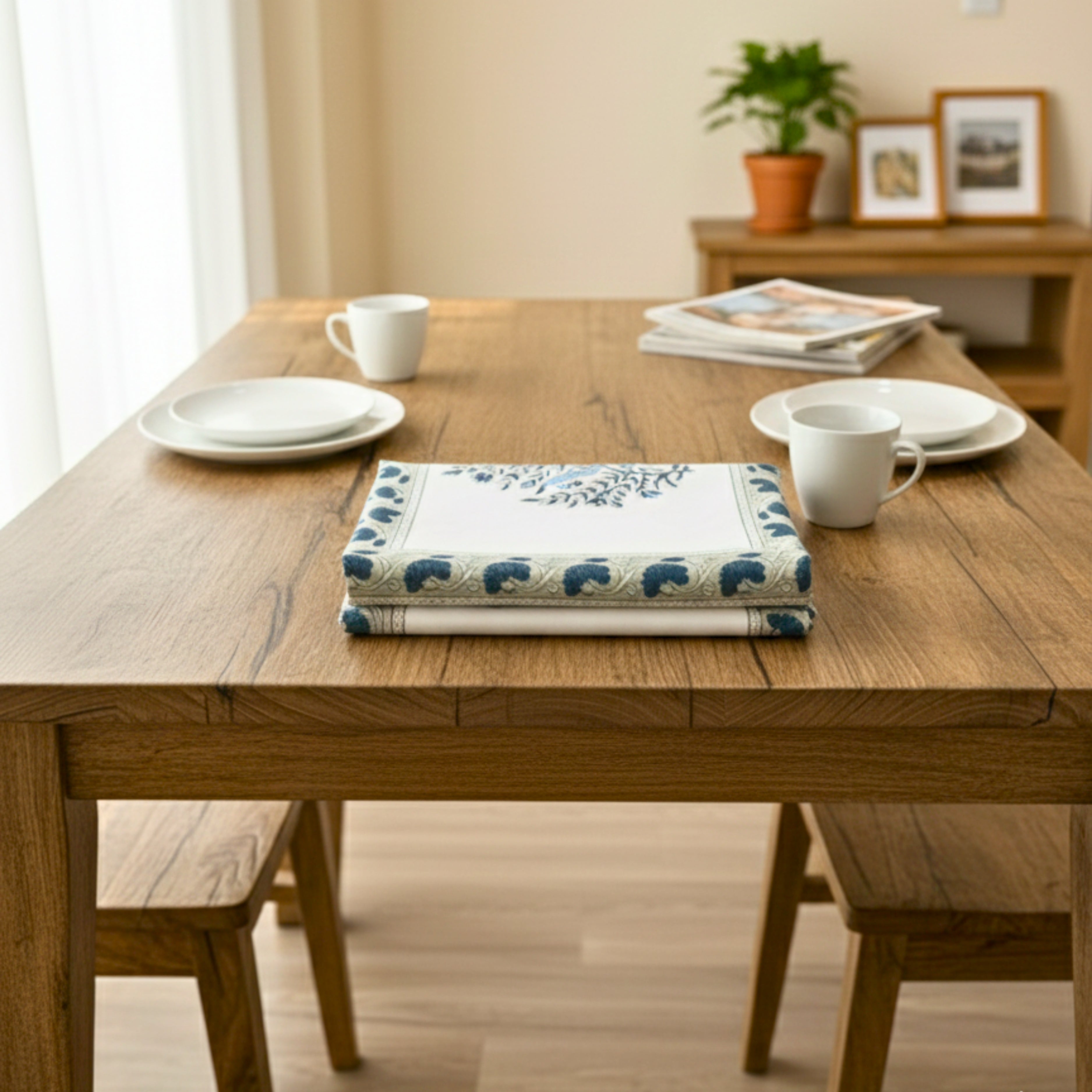 Hand Block Print Canvas Table Runner Indigo Blue Floral Motif Durable Cotton Canvas Dining Linen.