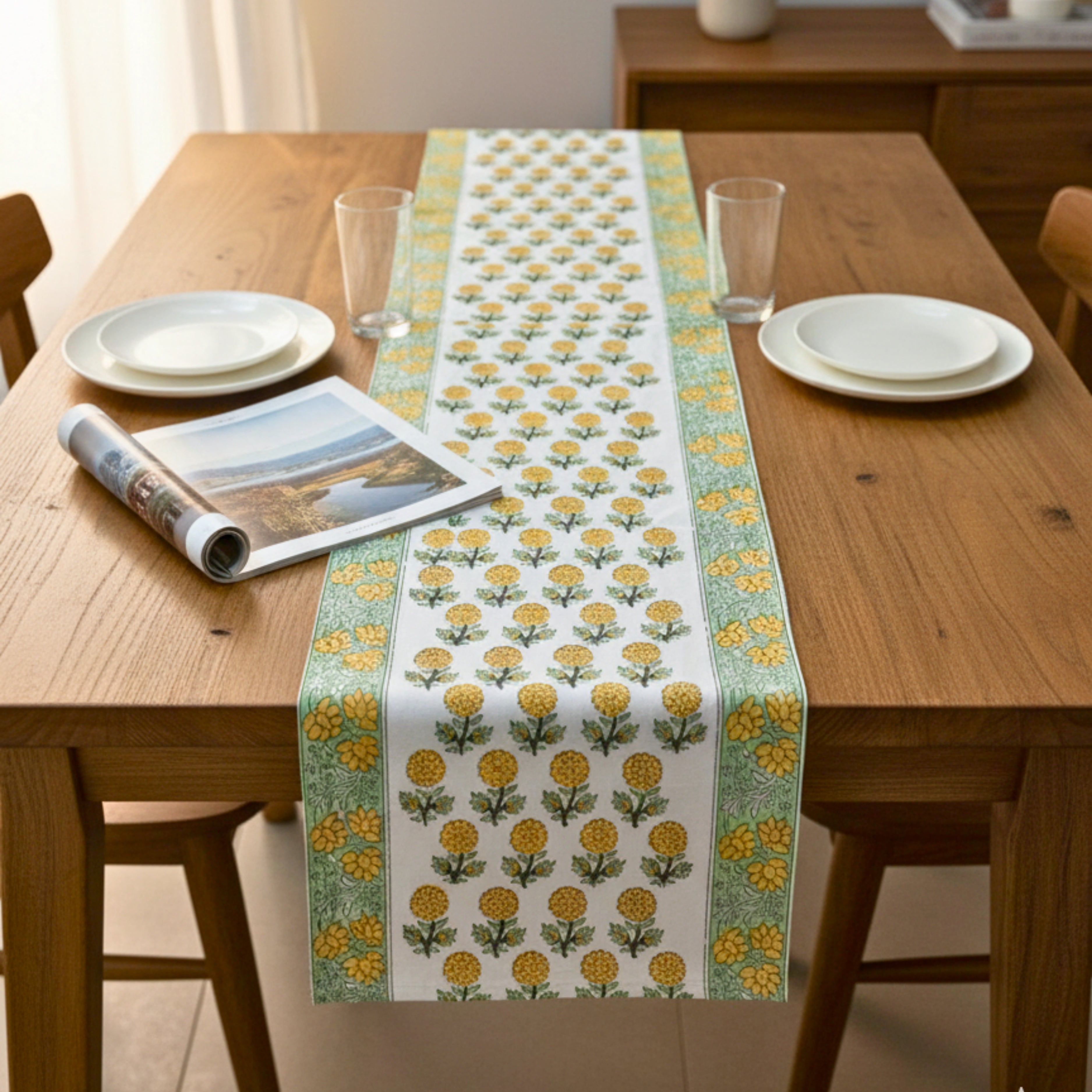 Hand Block Print Canvas Table Runner, Yellow Marigold and Green Floral Pattern.