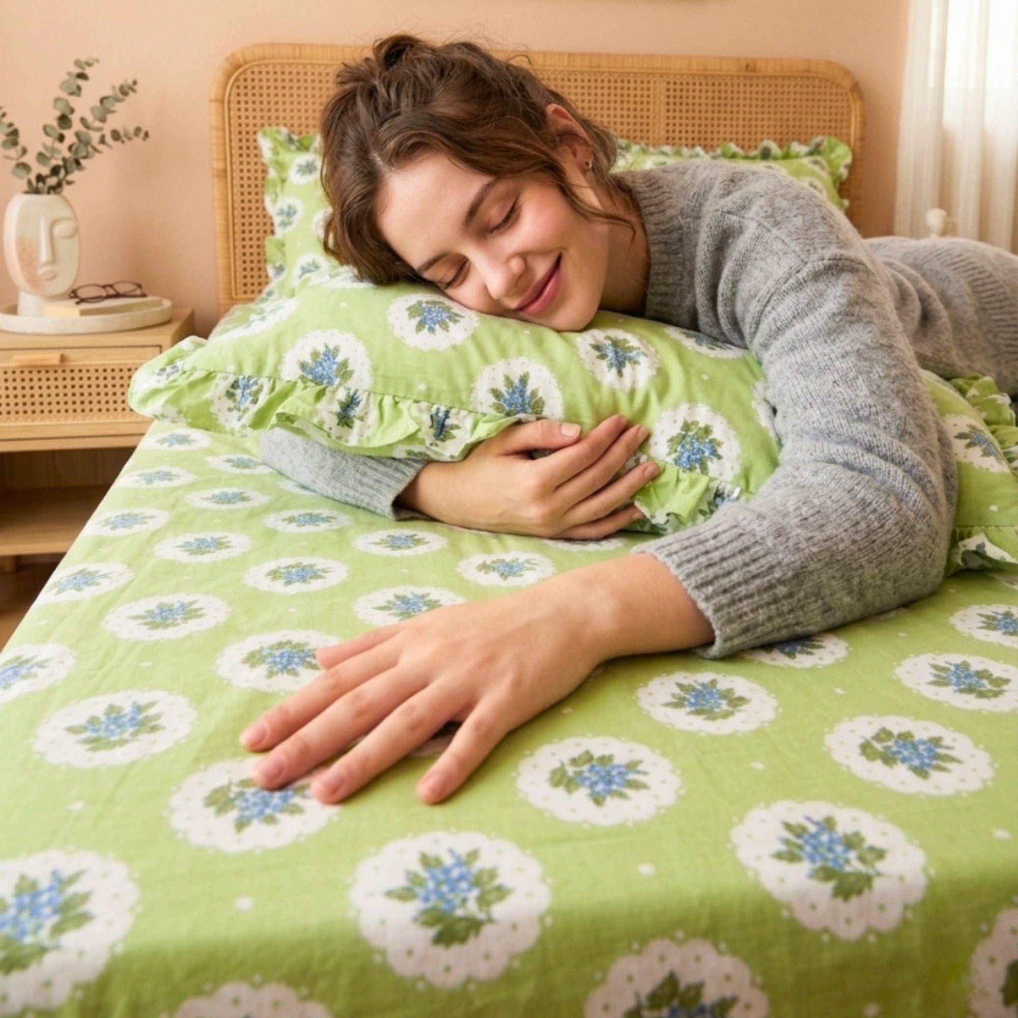 Sage Green & White Floral Pattern with Blue Medallions – Soft, Breathable Screen Printed Flat Sheet