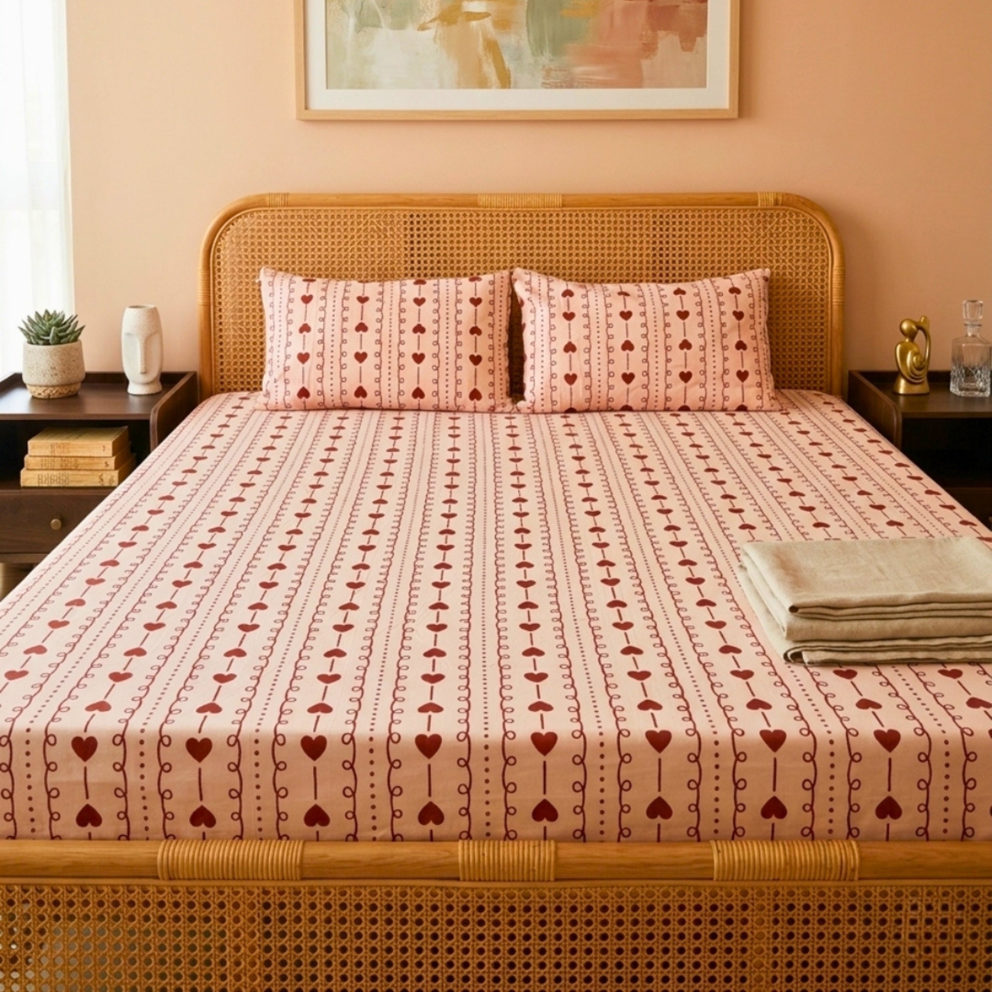 Romantic Red Hearts & Dainty Pink Stripe Pattern – Soft, Breathable Screen Printed Flat Sheet
