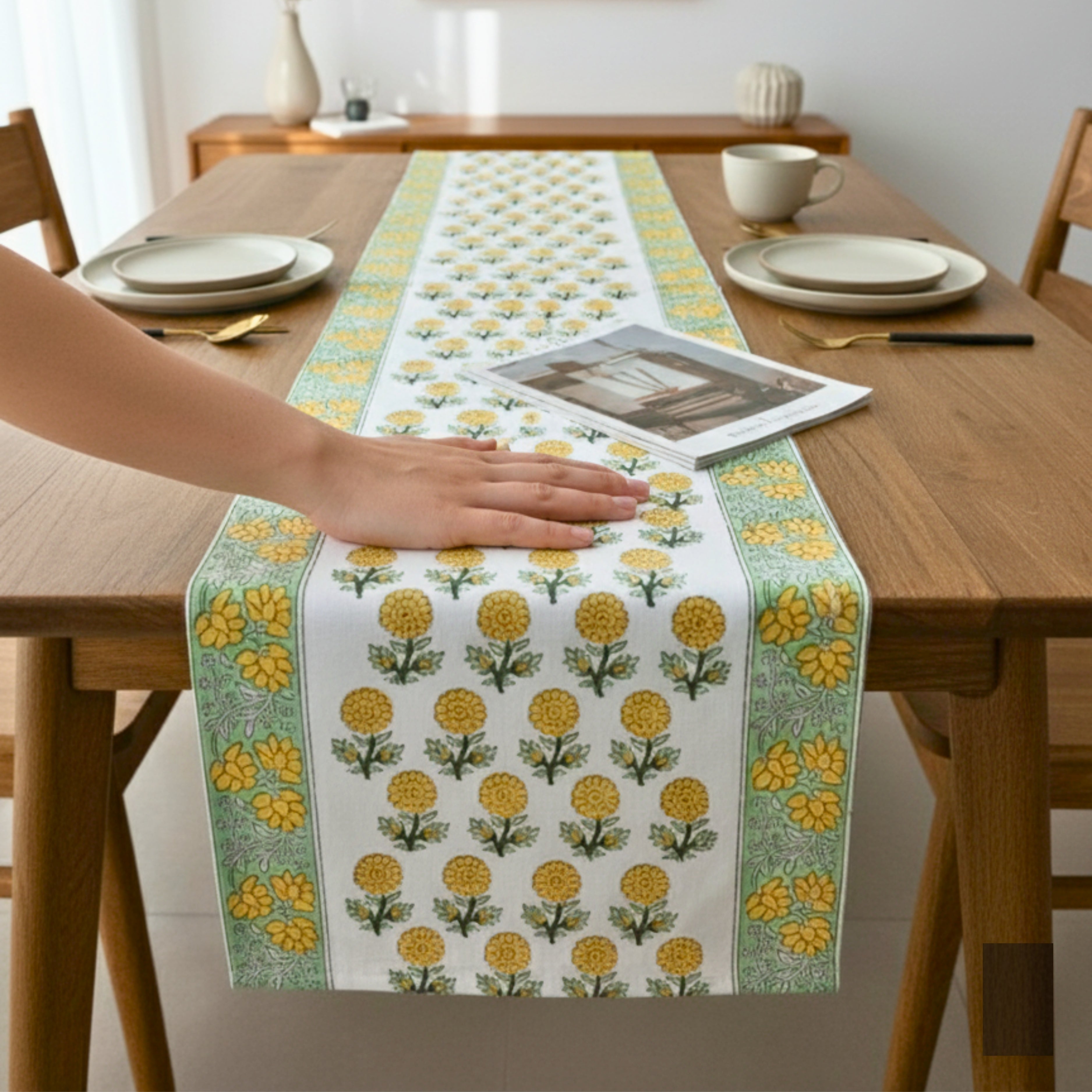 Hand Block Print Canvas Table Runner, Yellow Marigold and Green Floral Pattern.
