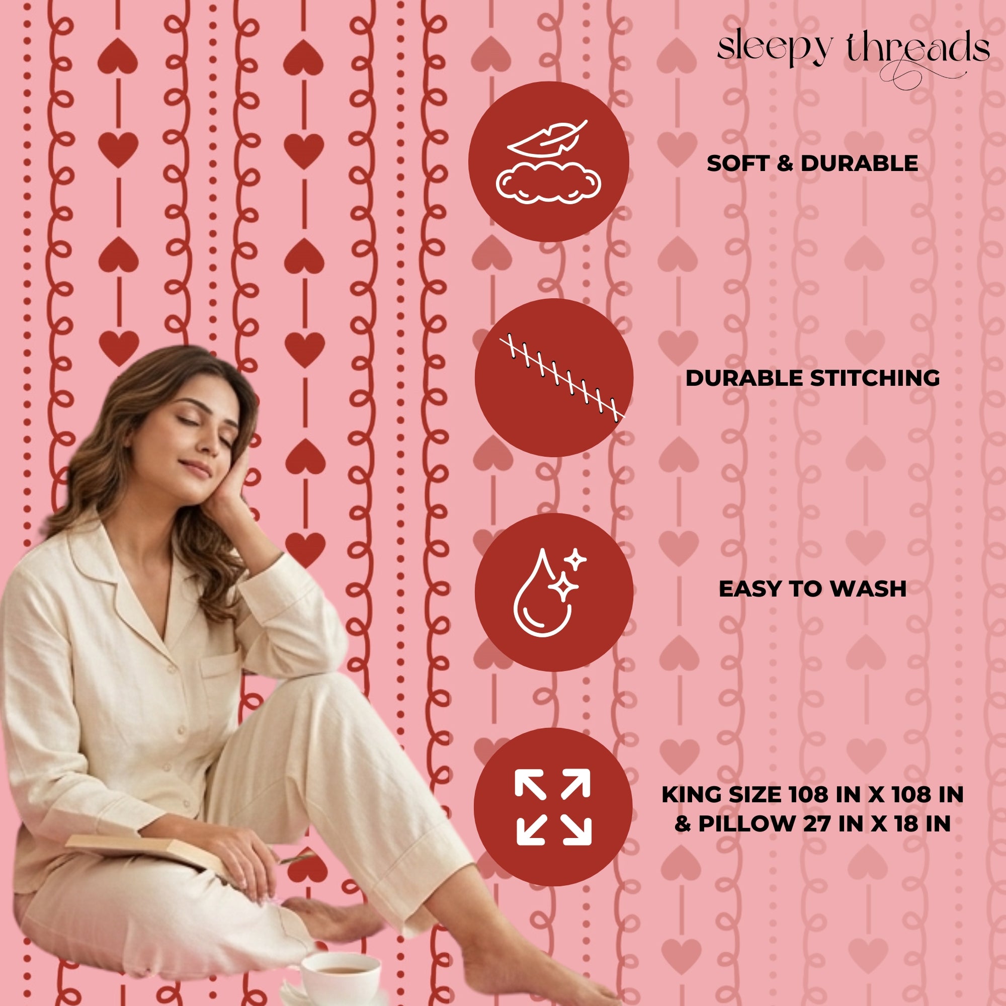 Romantic Red Hearts & Dainty Pink Stripe Pattern – Soft, Breathable Screen Printed Flat Sheet