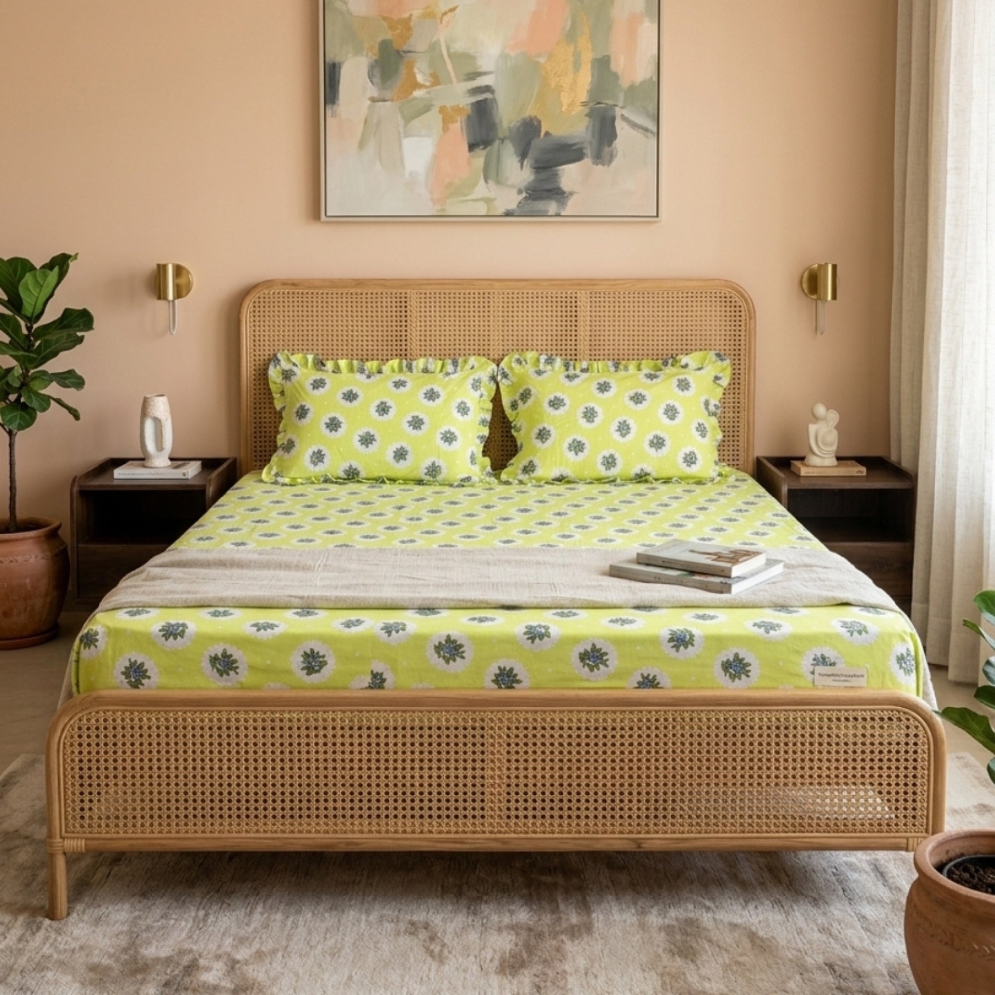 Vibrant Sunshine Yellow Floral Medallion Pattern – Soft, Breathable Screen Printed Flat Sheet