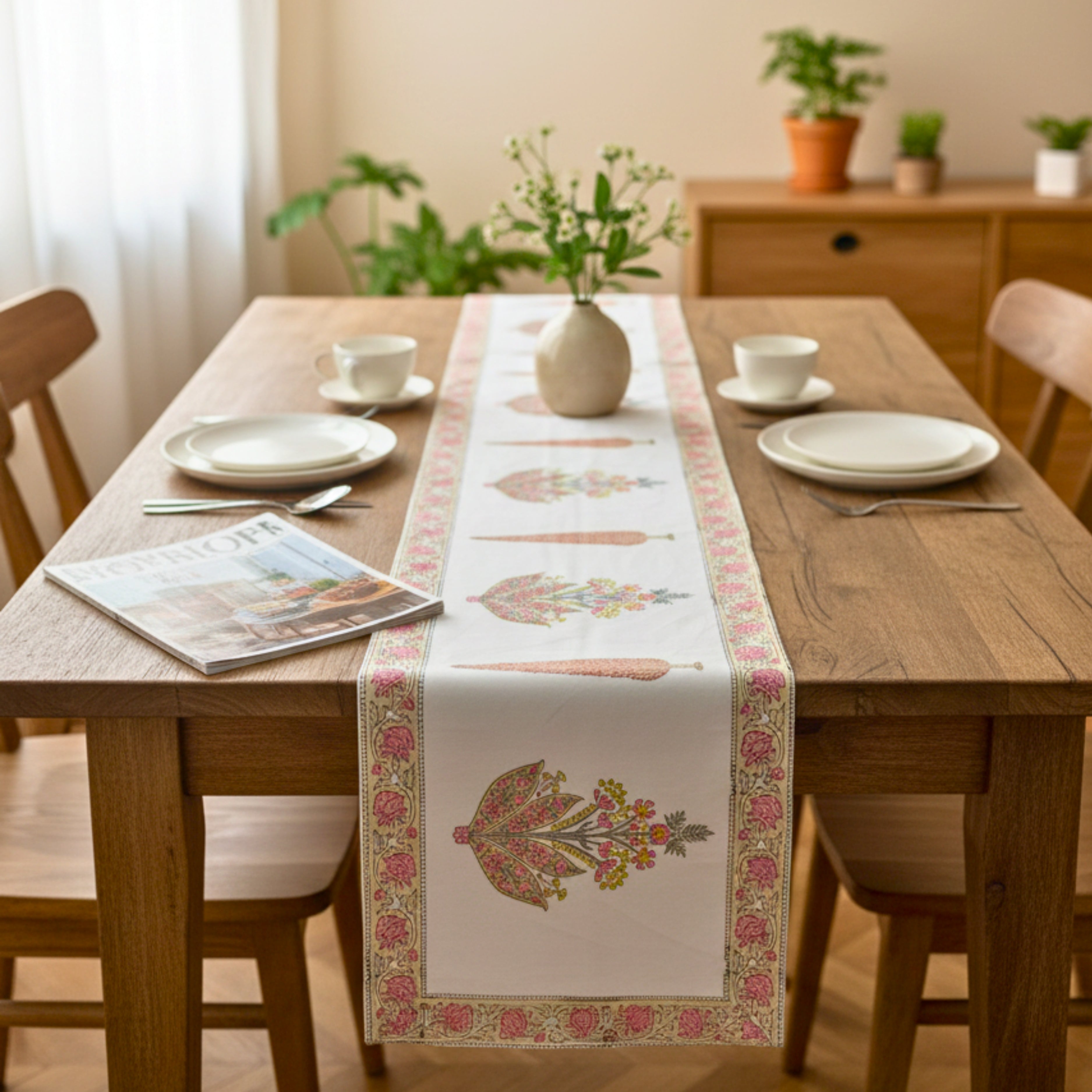Hand Block Print Canvas Table Runner Pink Floral Border & Unique Motif Designer Cotton Canvas Dining Linen .