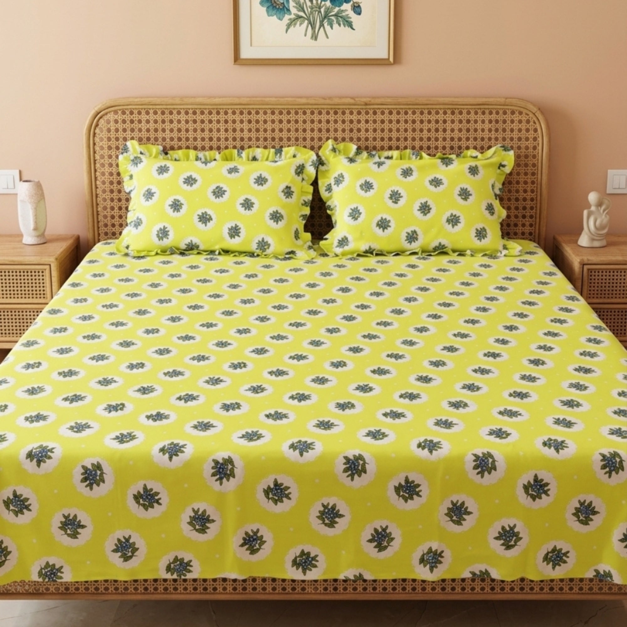 Vibrant Sunshine Yellow Floral Medallion Pattern – Soft, Breathable Screen Printed Flat Sheet
