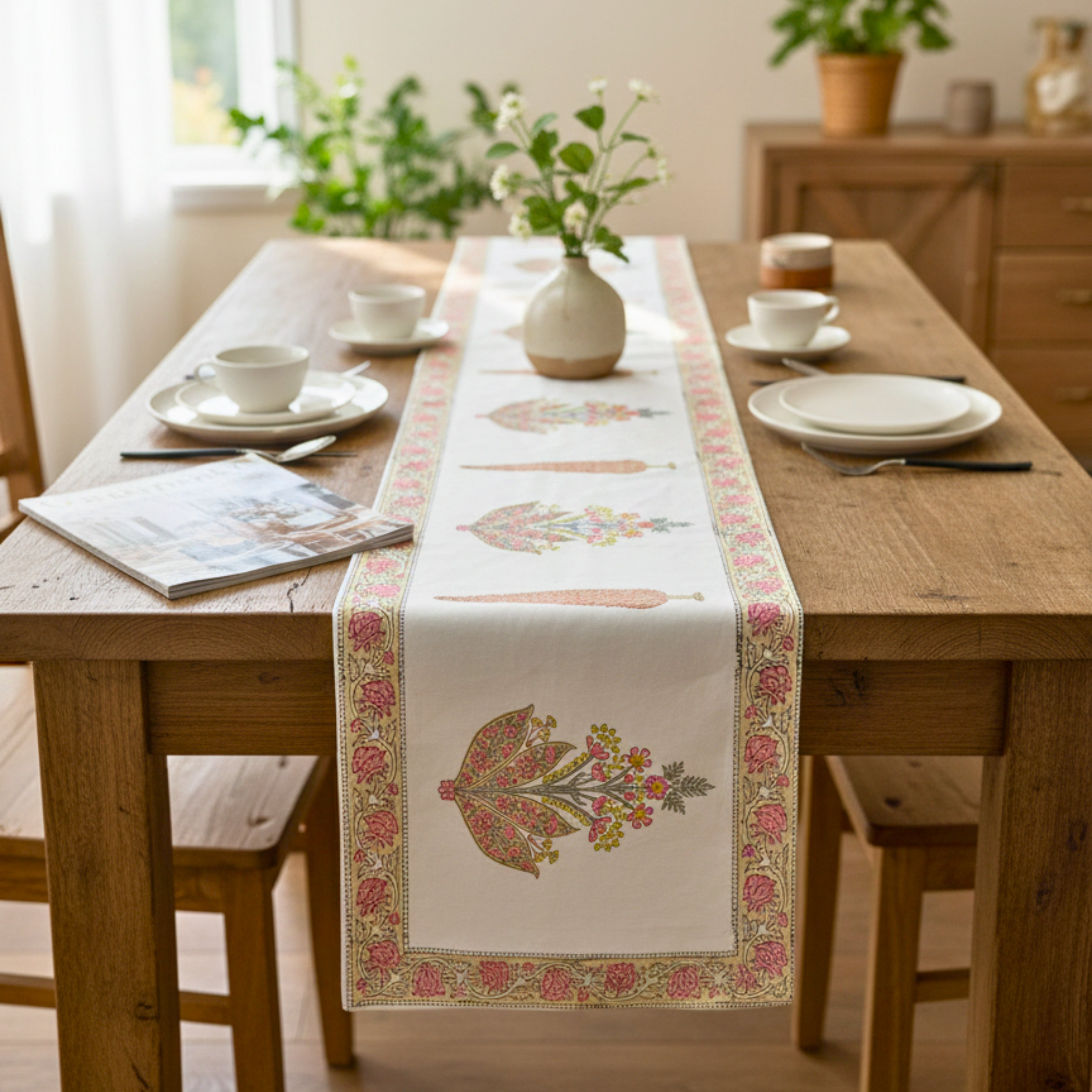 Hand Block Print Canvas Table Runner Pink Floral Border & Unique Motif Designer Cotton Canvas Dining Linen .
