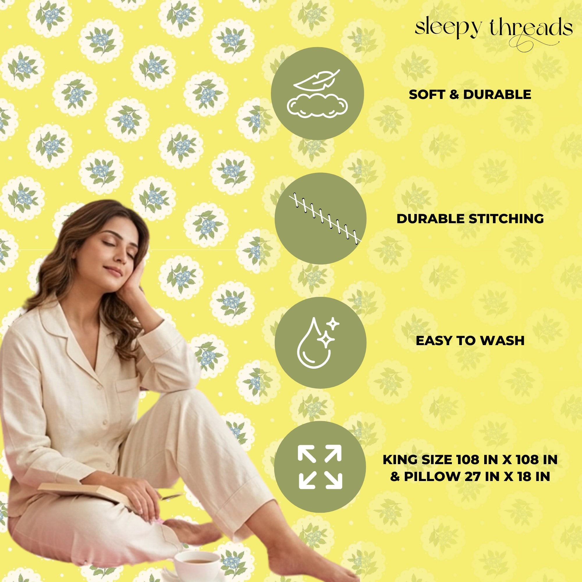 Vibrant Sunshine Yellow Floral Medallion Pattern – Soft, Breathable Screen Printed Flat Sheet