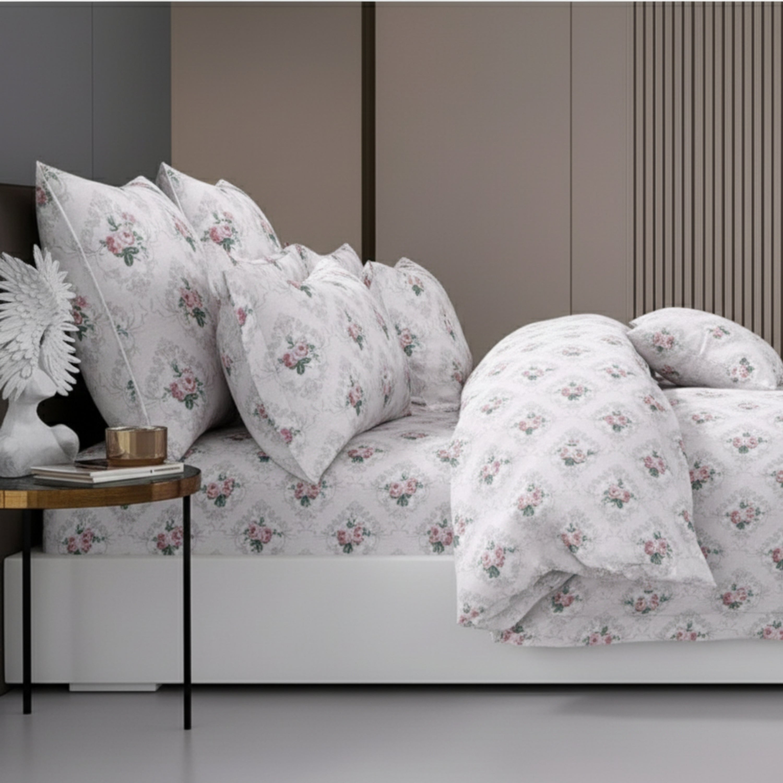 Bedsheet for Double Bed Queen Size Grey Floral Print .