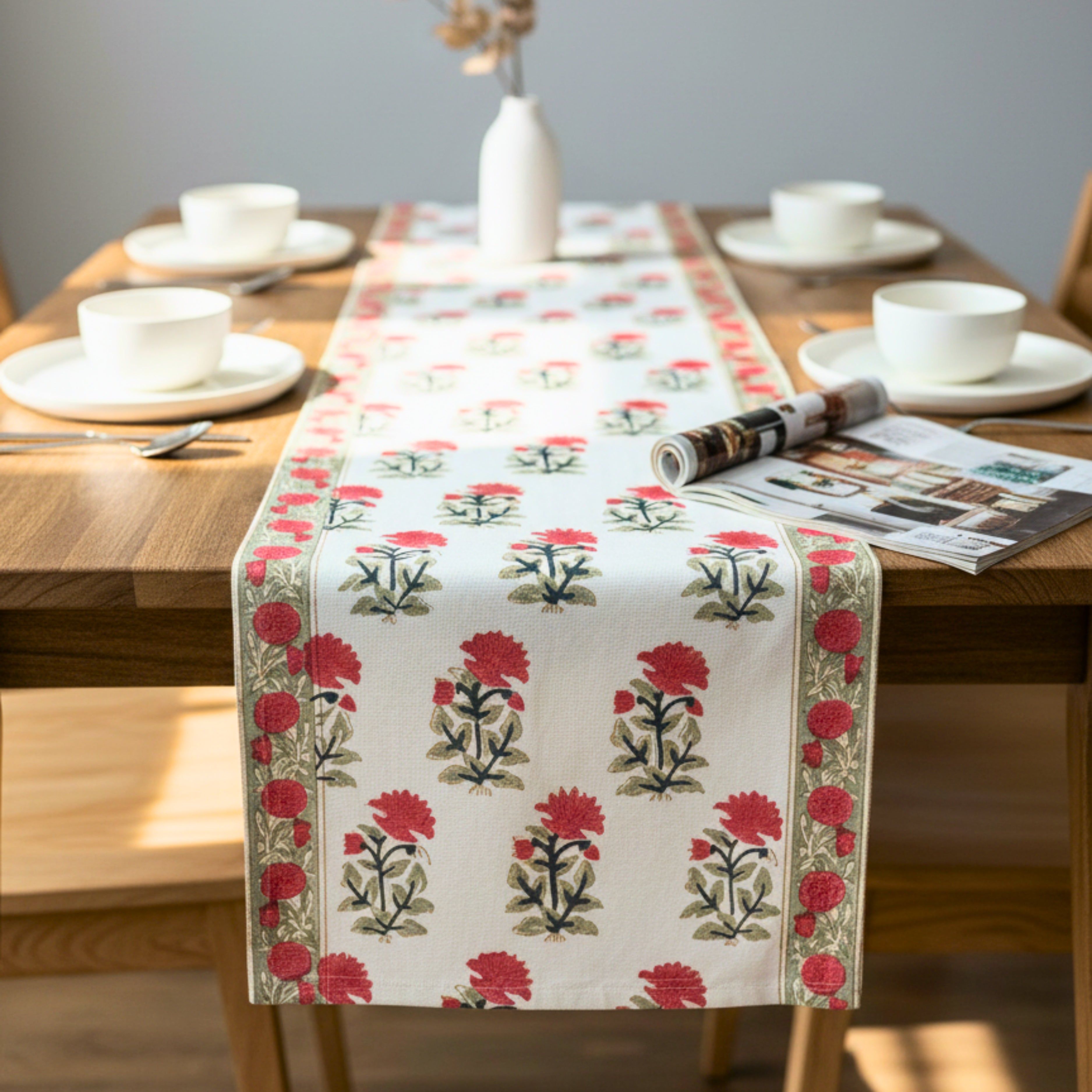 Hand Block Print Canvas Table Runner Red & Green Floral Motif Durable Cotton Canvas Dining Linen.