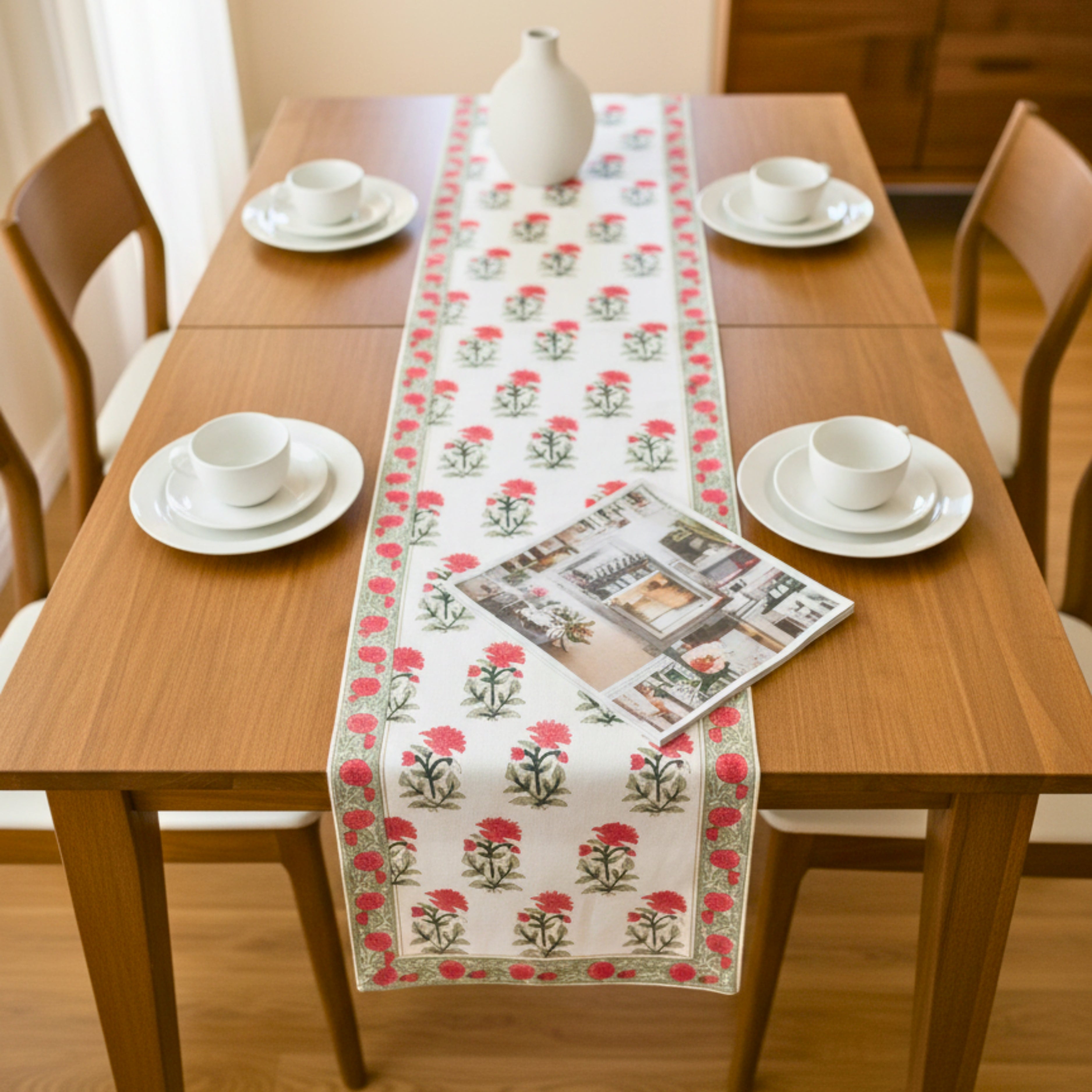 Hand Block Print Canvas Table Runner Red & Green Floral Motif Durable Cotton Canvas Dining Linen.