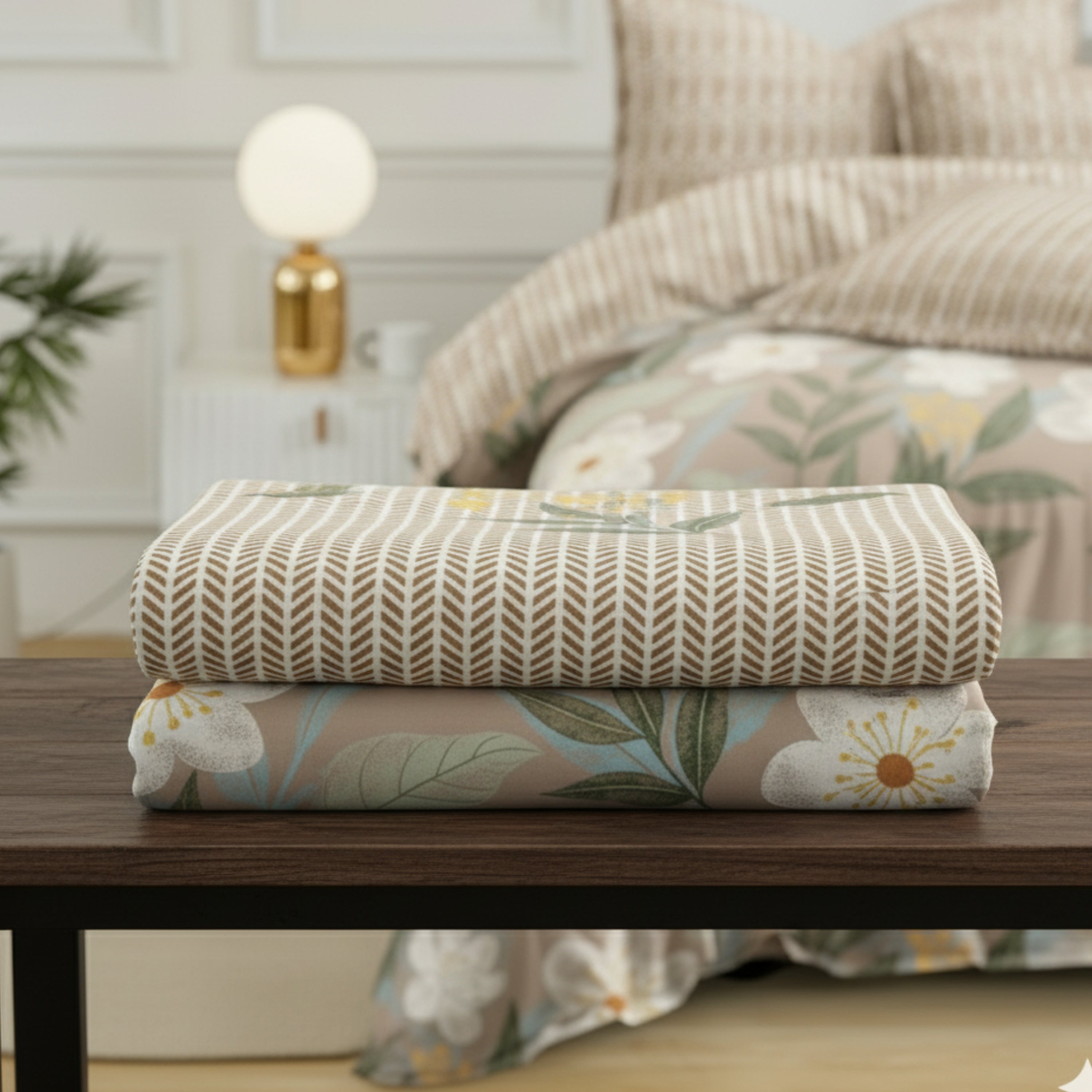 Bedsheet for Double Bed Queen Size Brown Floral Print.