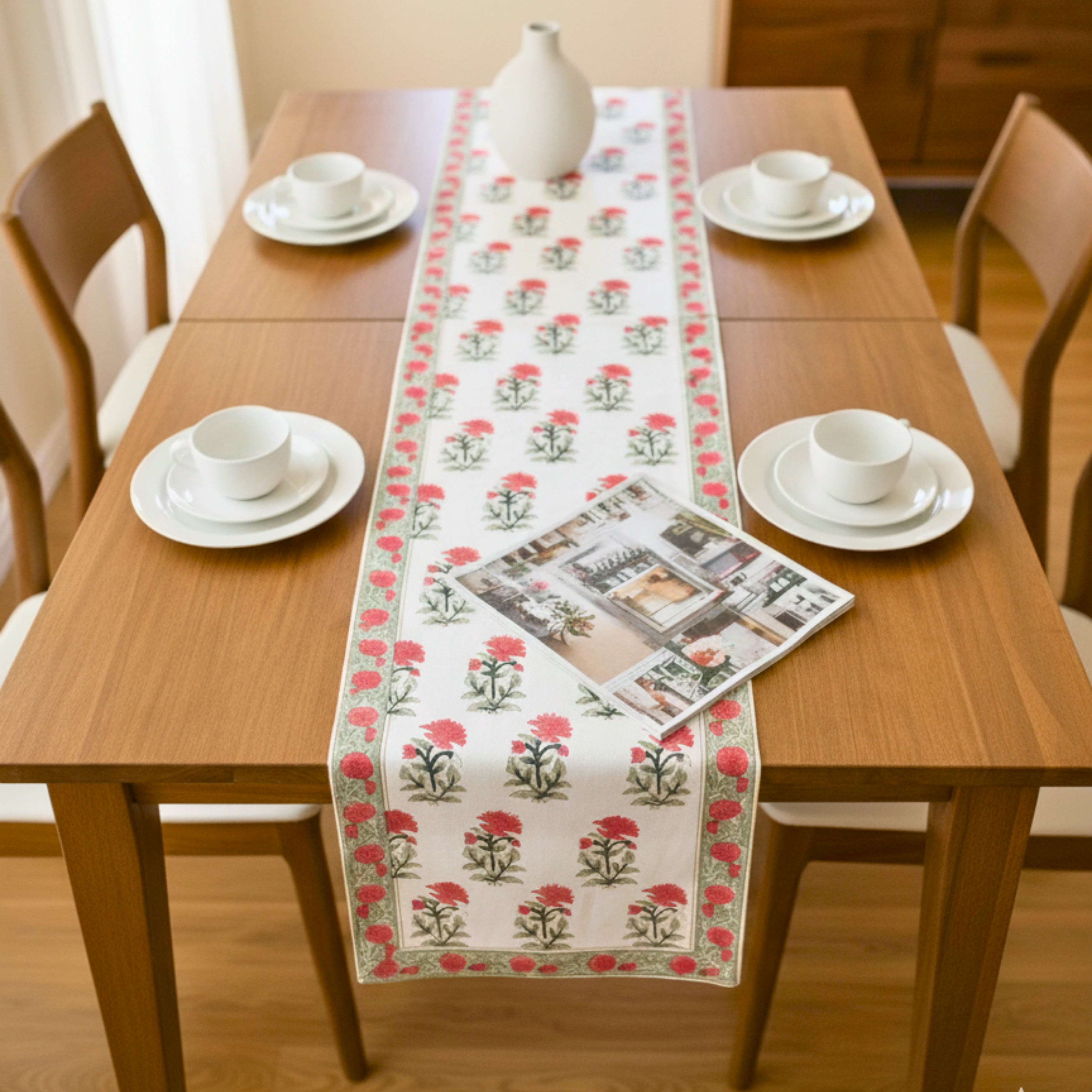 Hand Block Print Canvas Table Runner Red & Green Floral Motif Durable Cotton Canvas Dining Linen.