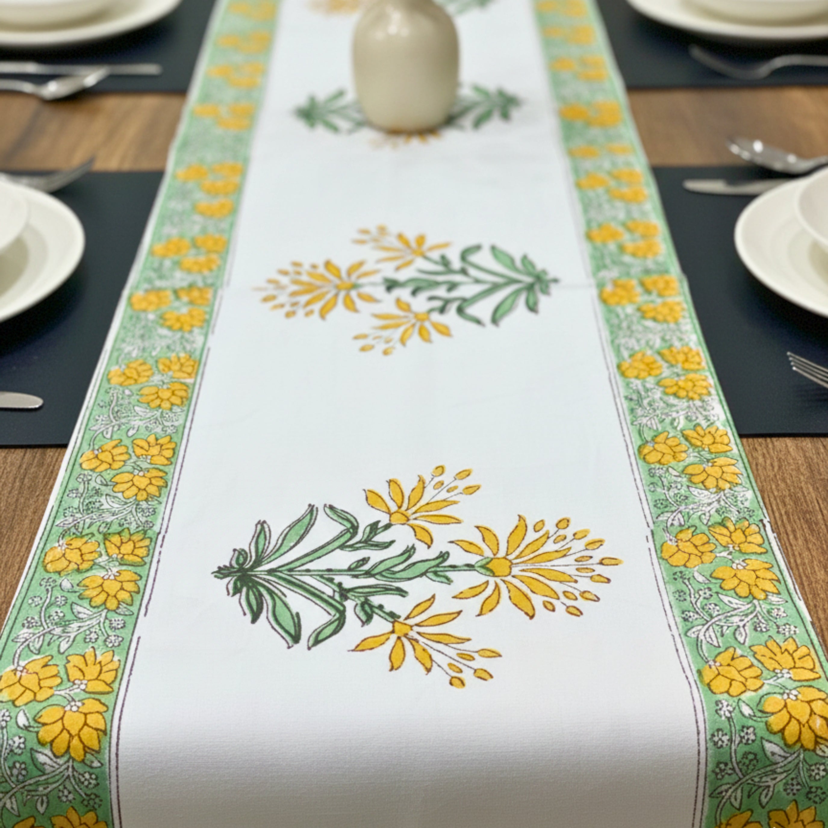 Hand Block Print Canvas Table Runner Yellow & Green Floral Motif Durable Cotton Canvas Table Linen.