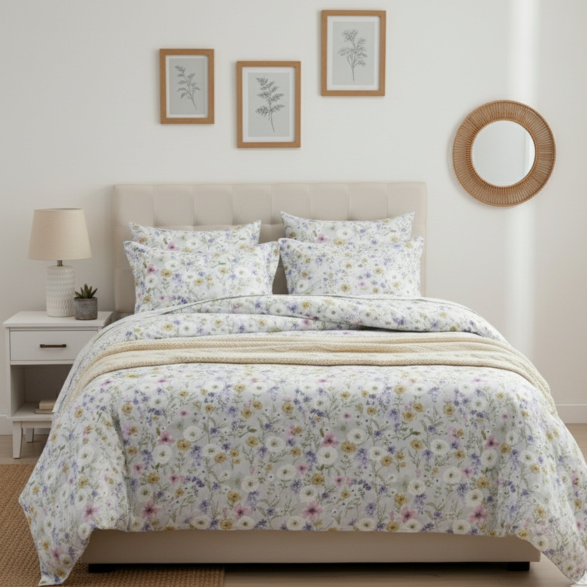Cotton Double Bedsheet White Bedsheet with Yellow, Blue & Pink Floral Print.