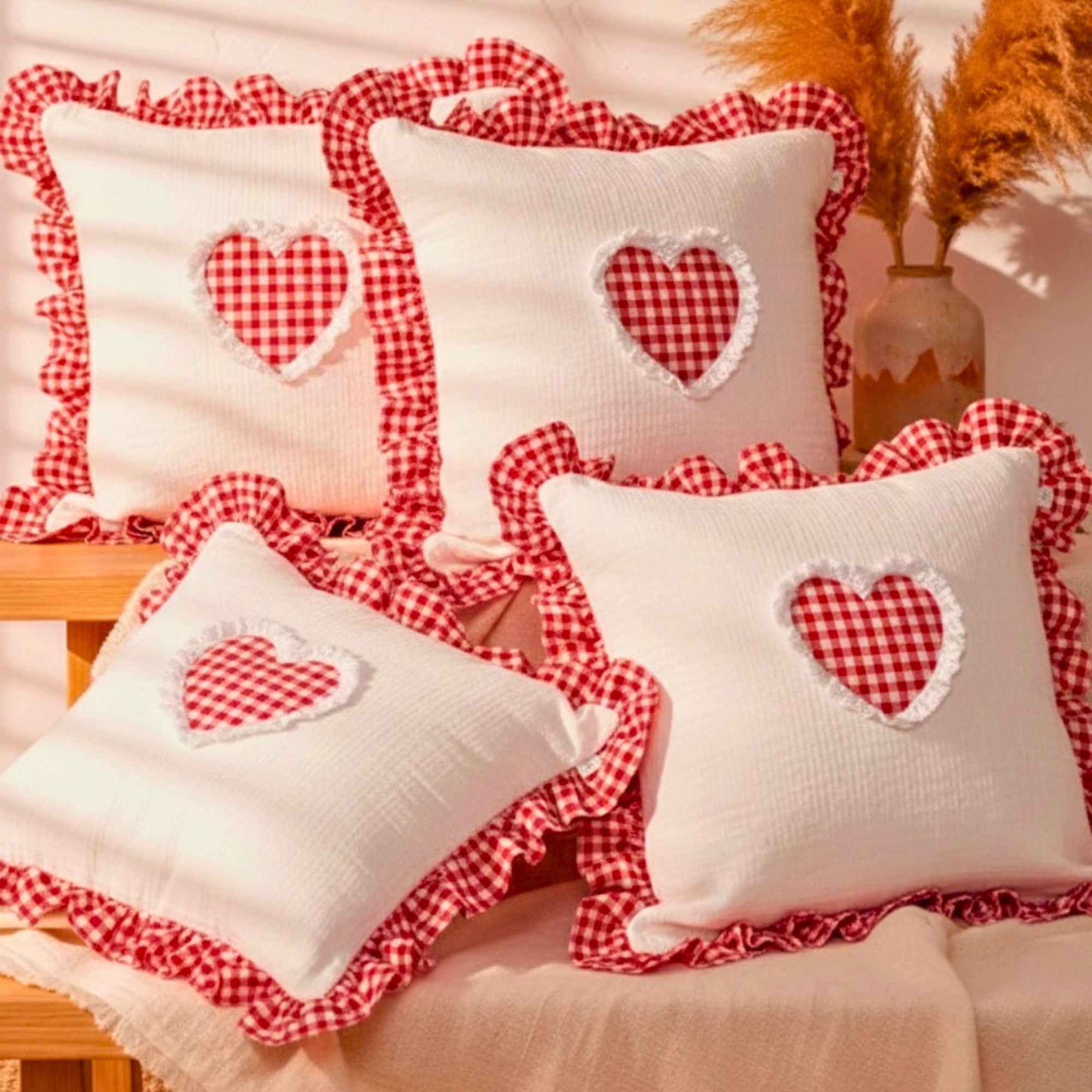 Red Gingham Heart Ruffle Cushion