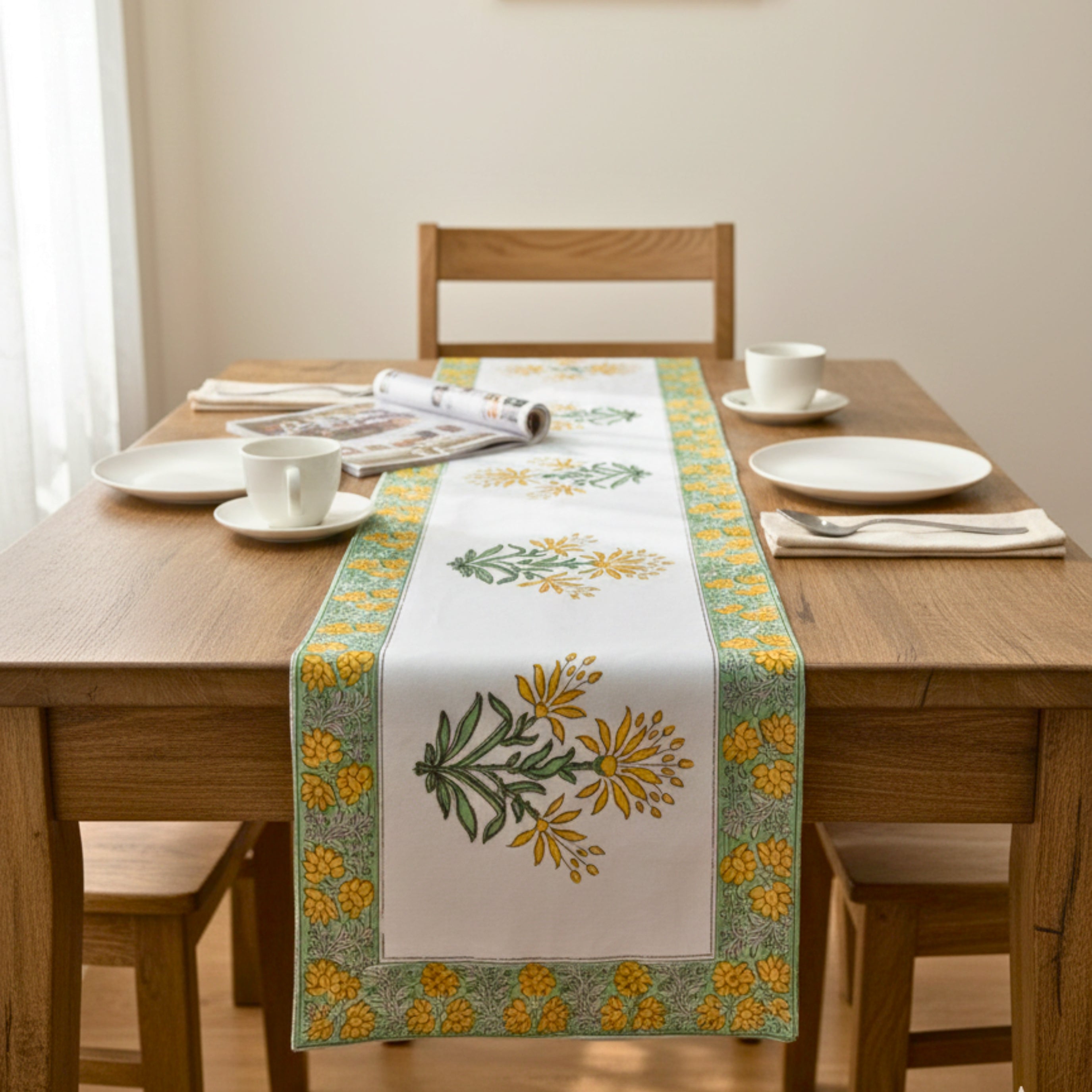 Hand Block Print Canvas Table Runner Yellow & Green Floral Motif Durable Cotton Canvas Table Linen.