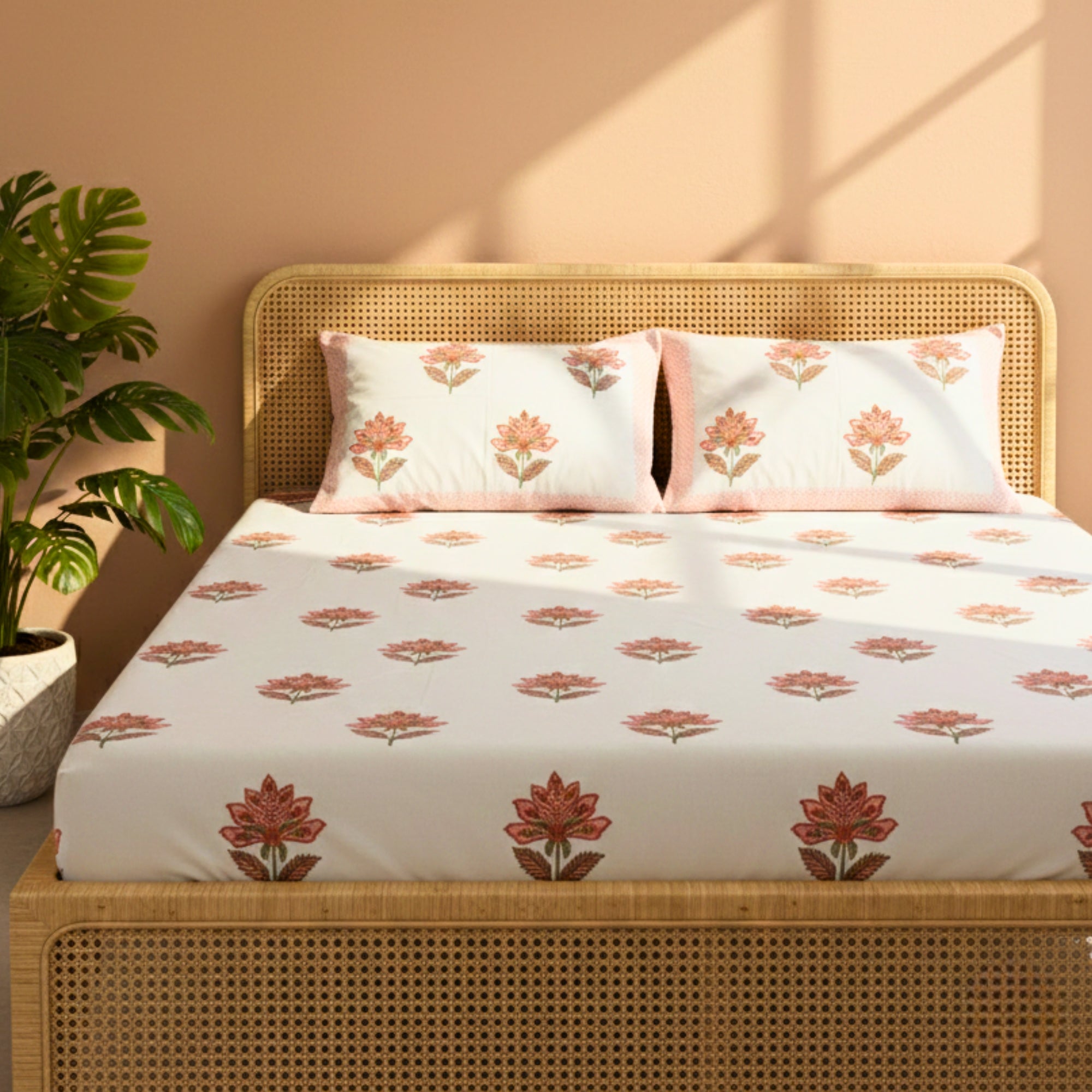 Elegant Peach Floral Printed King Size Bedsheet Set with Matching Pillow Covers
