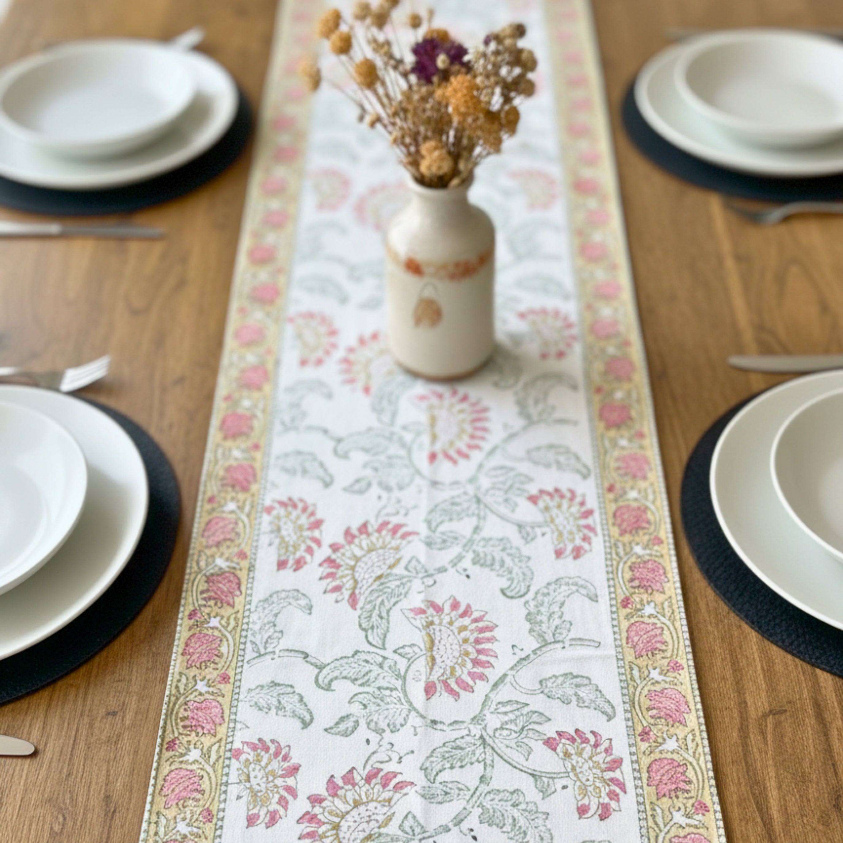 Hand Block Print Canvas Table Runner Pink & Dusty Green Floral Vine Motif Durable Cotton Canvas Dining Linen.