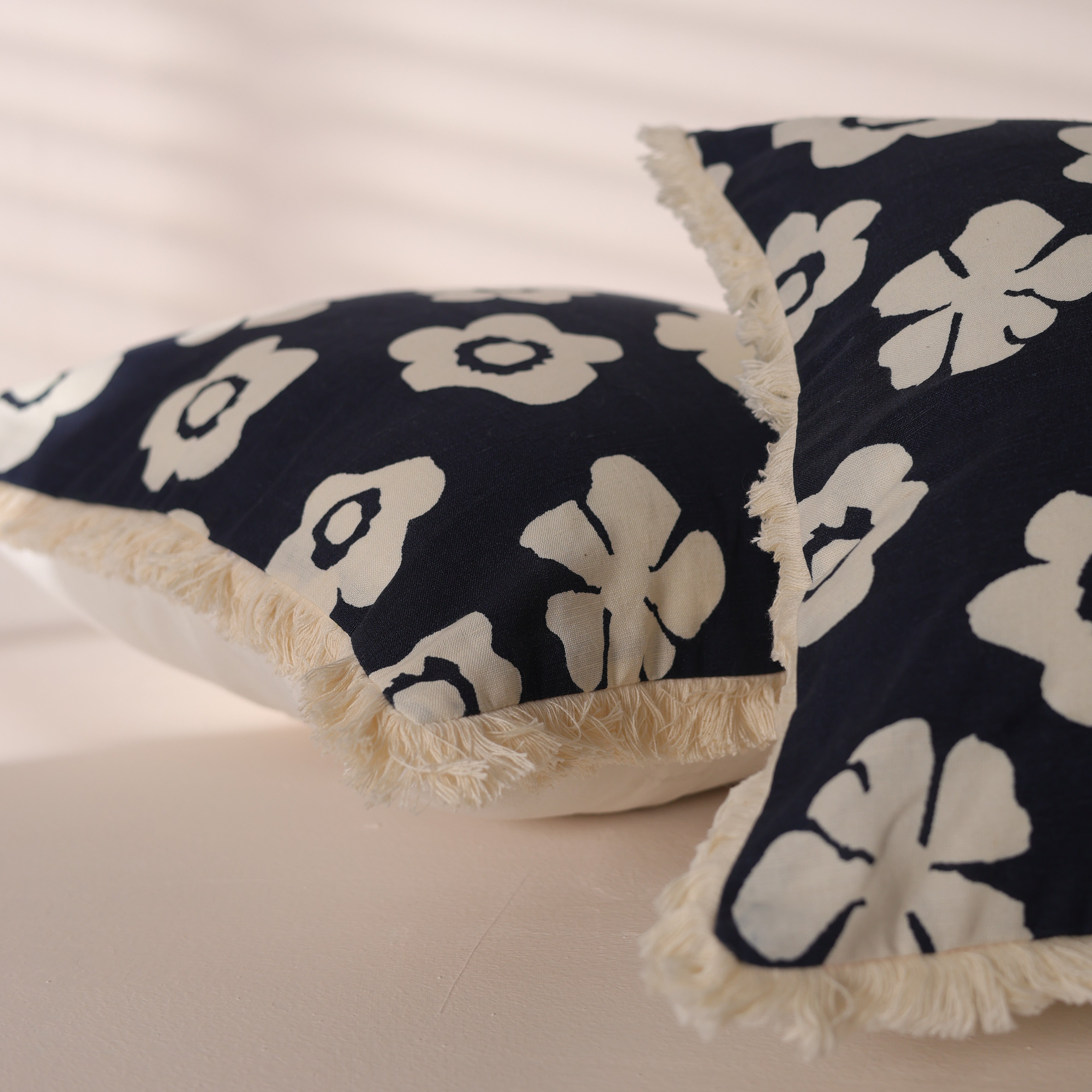 Linen Floral Fringe Cushion Cover