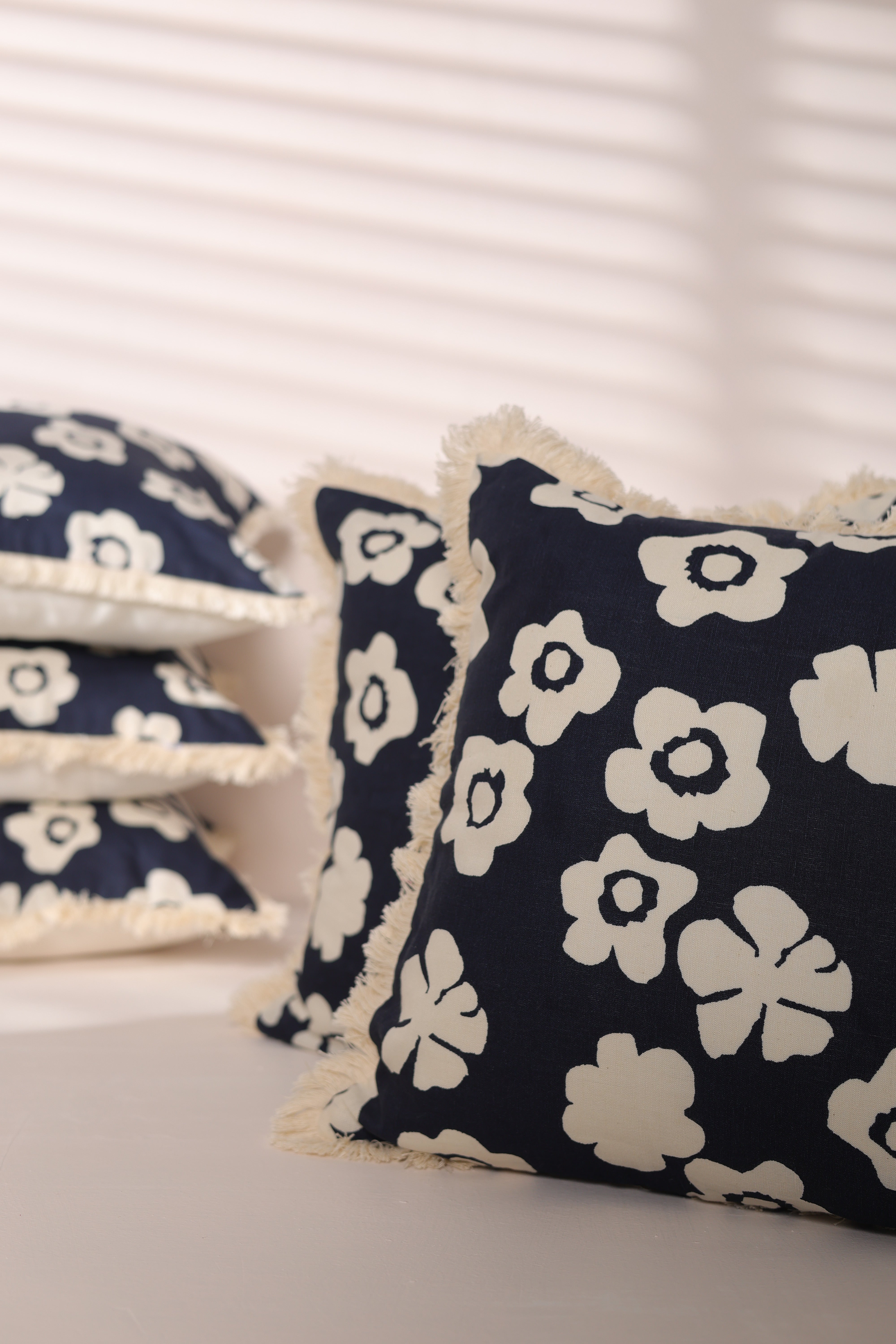 Linen Floral Fringe Cushion Cover