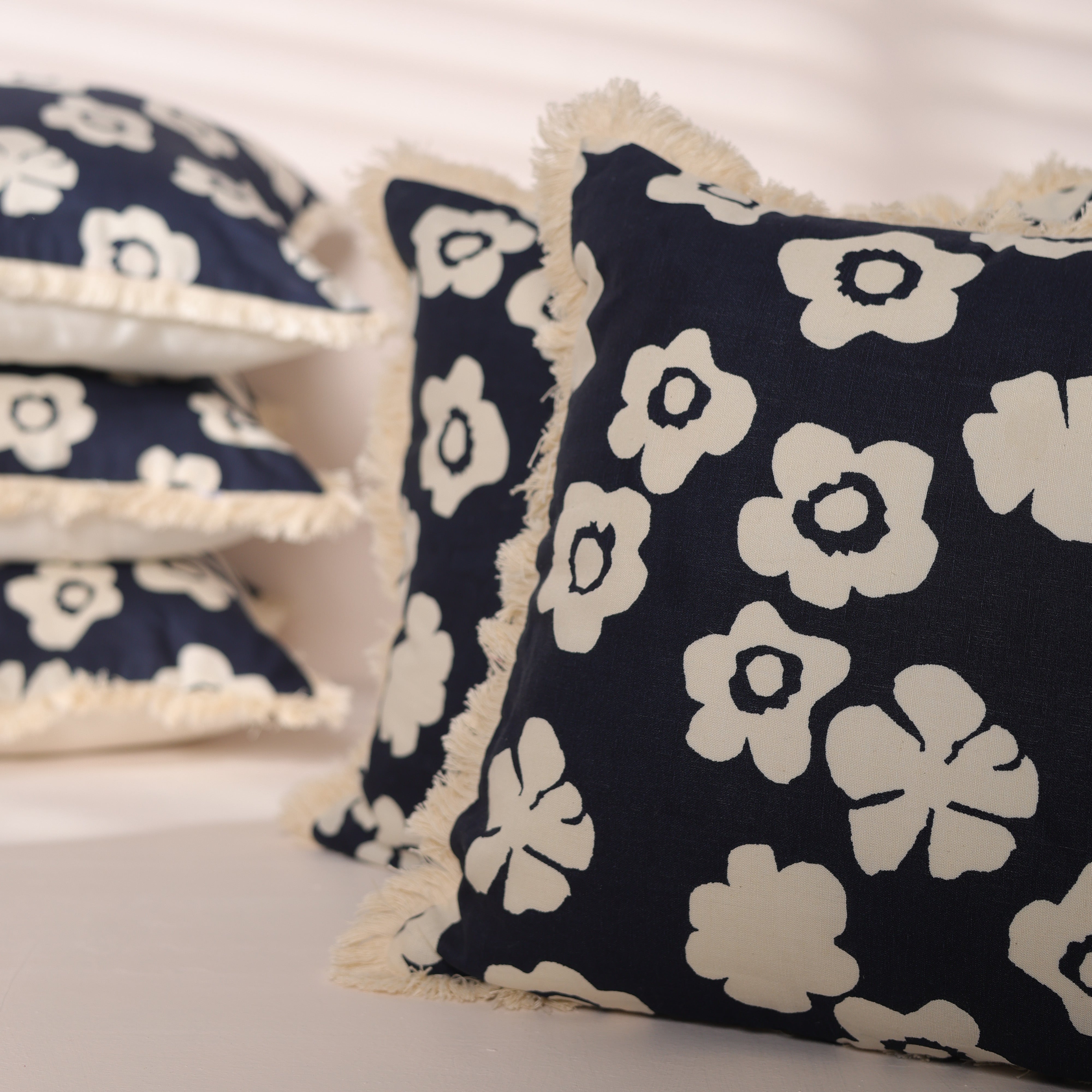 Linen Floral Fringe Cushion Cover