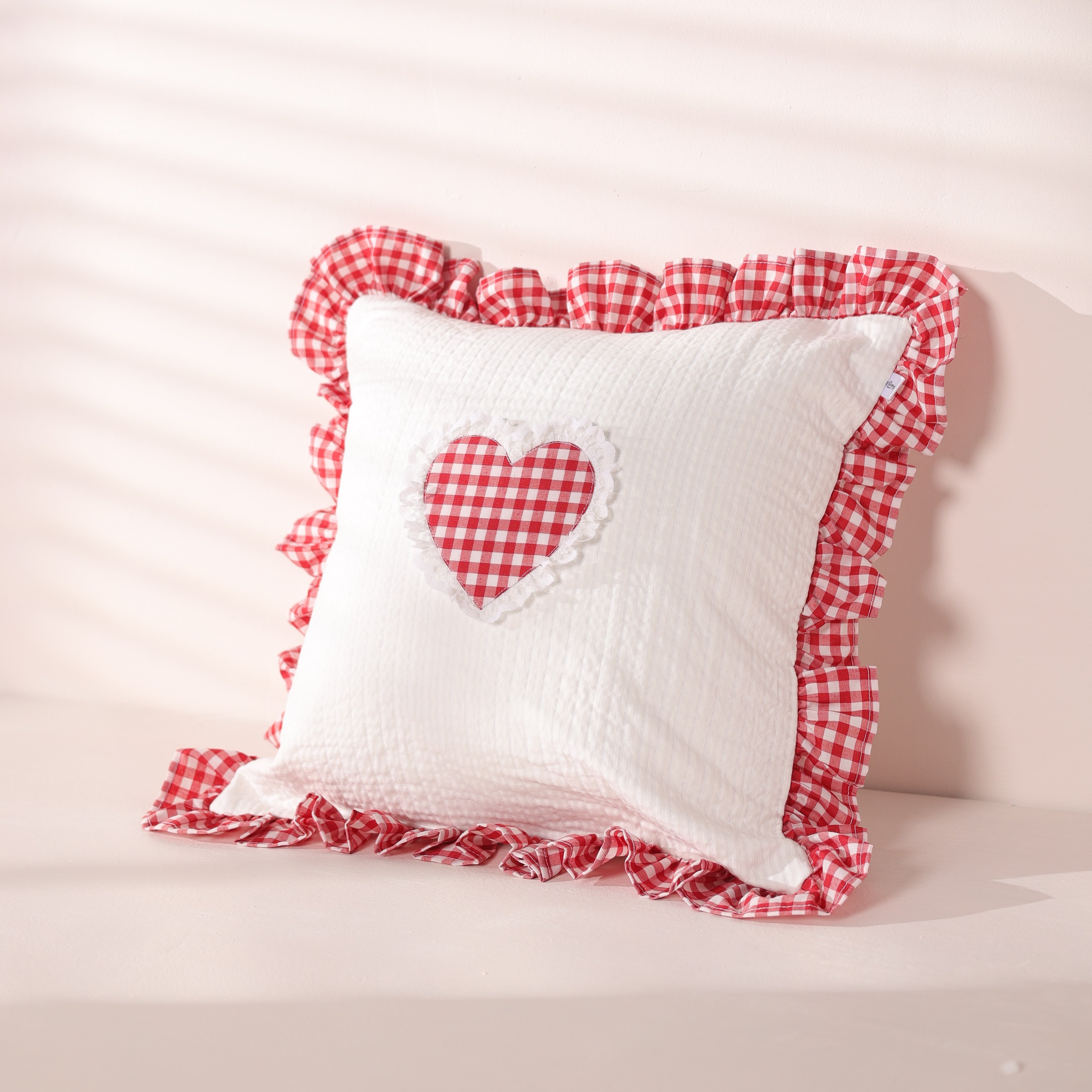 Red Gingham Heart Ruffle Cushion