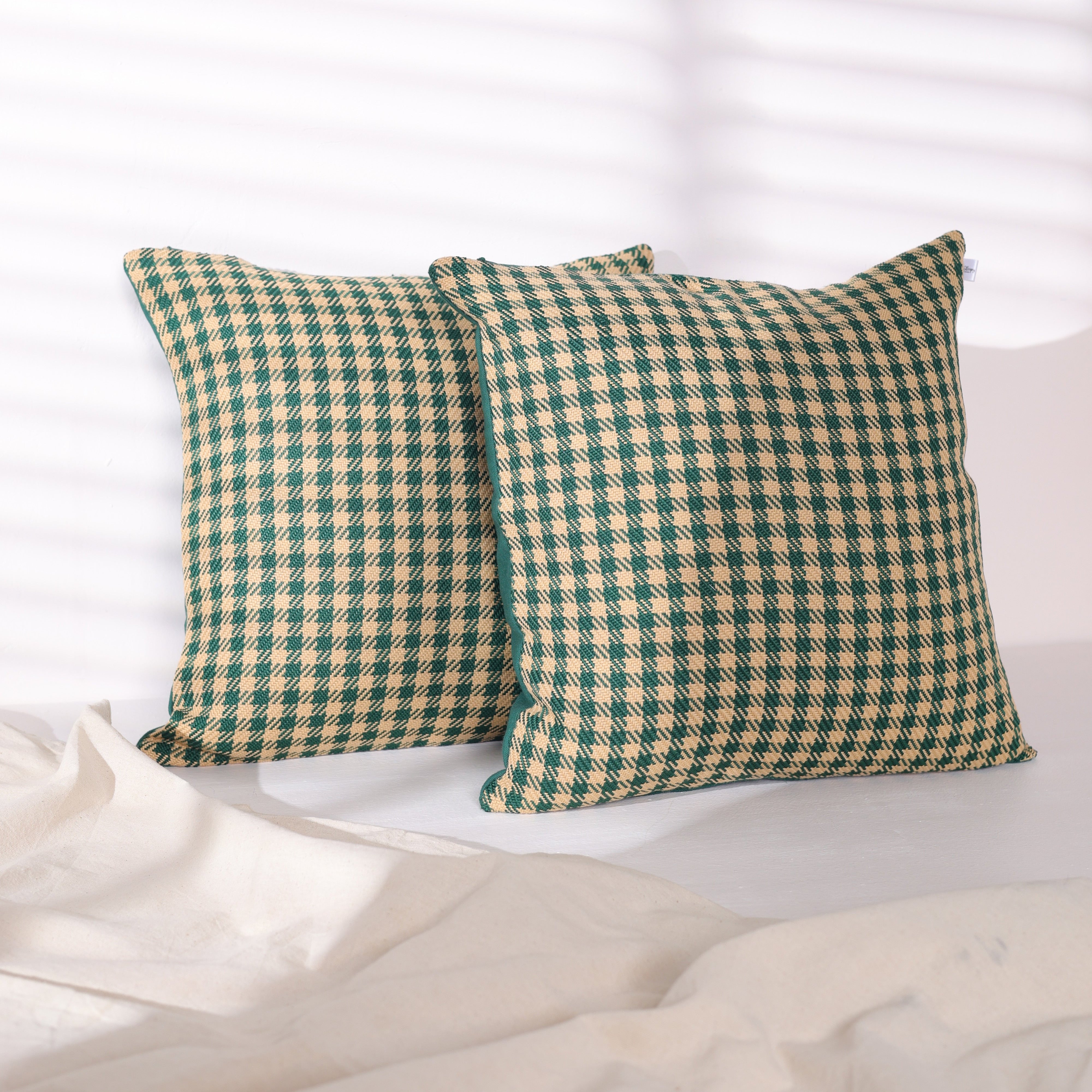 Classic Houndstooth Green & Beige Cushion Cover