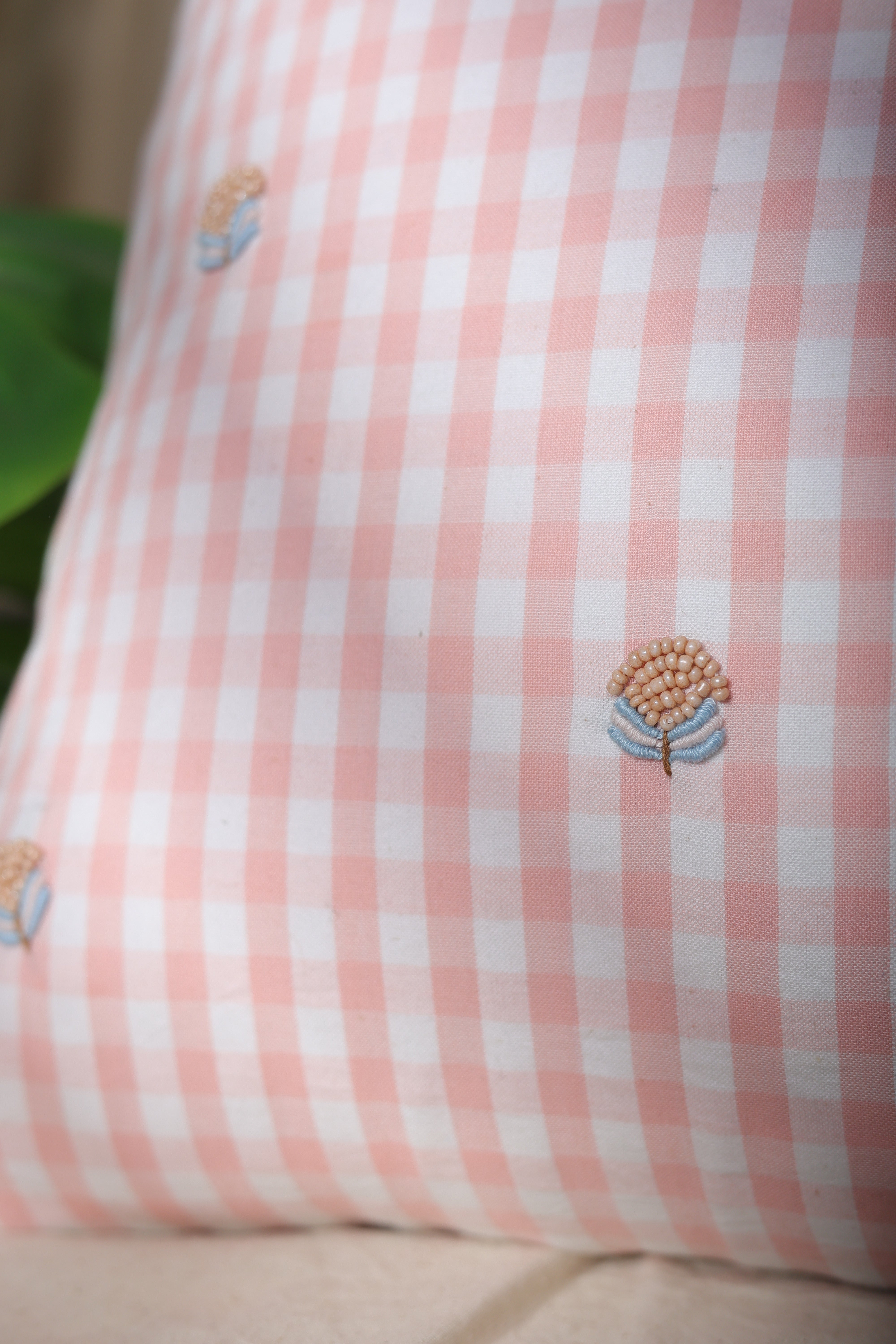 Blush Gingham Floral Embroidered Cushion