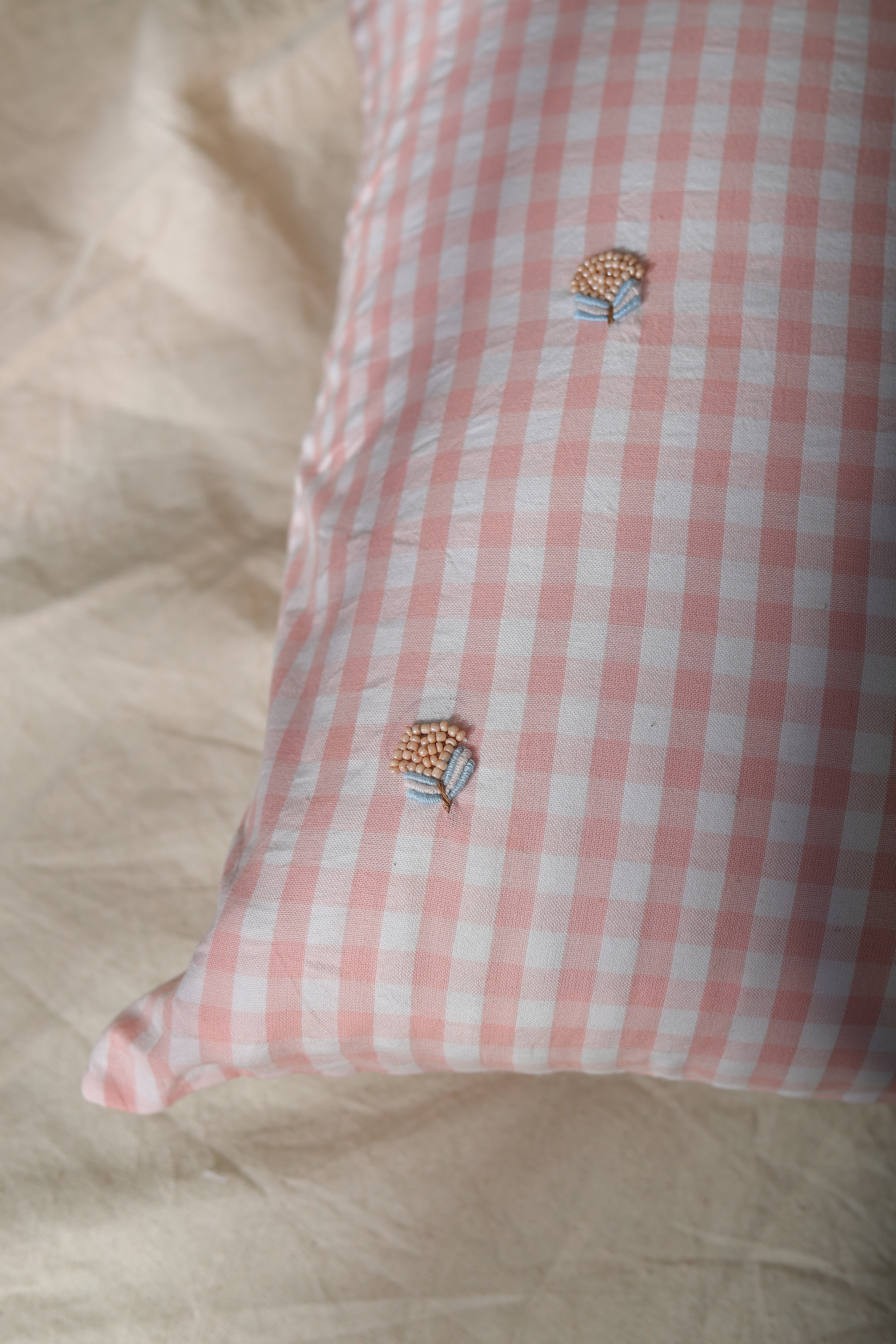 Blush Gingham Floral Embroidered Cushion