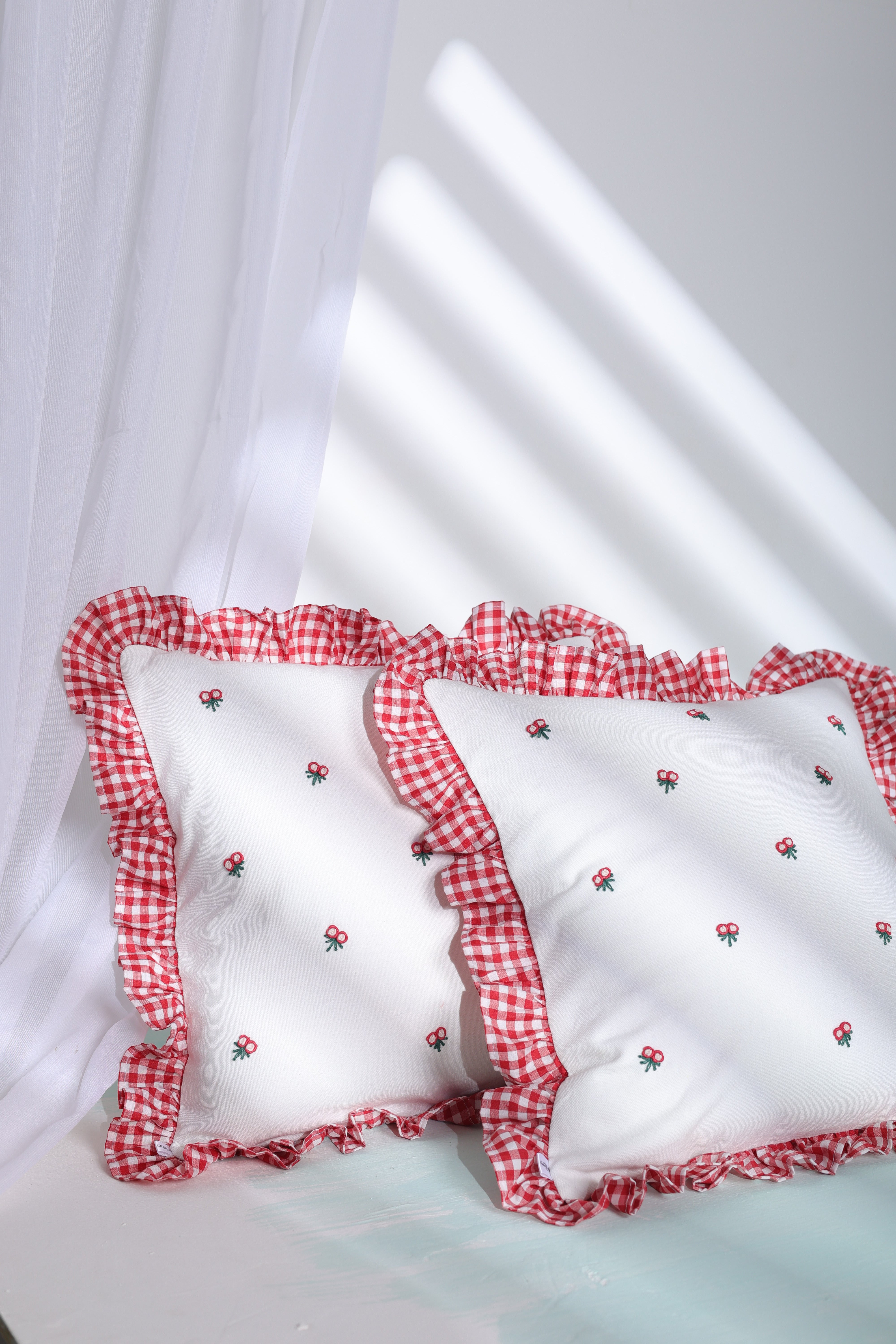 Gingham Ruffle Hand Embroidered Cushion Cover