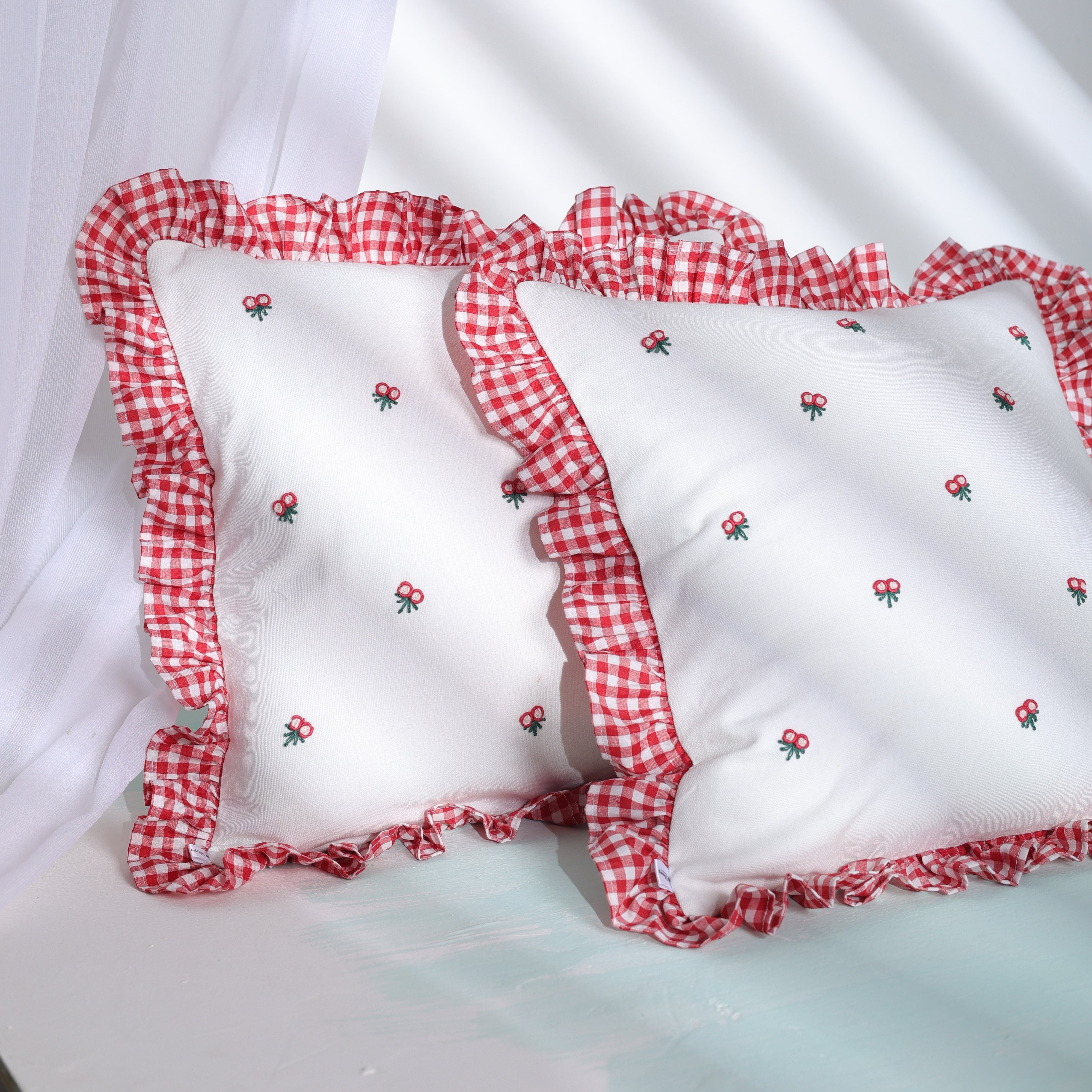 Gingham Ruffle Hand Embroidered Cushion Cover