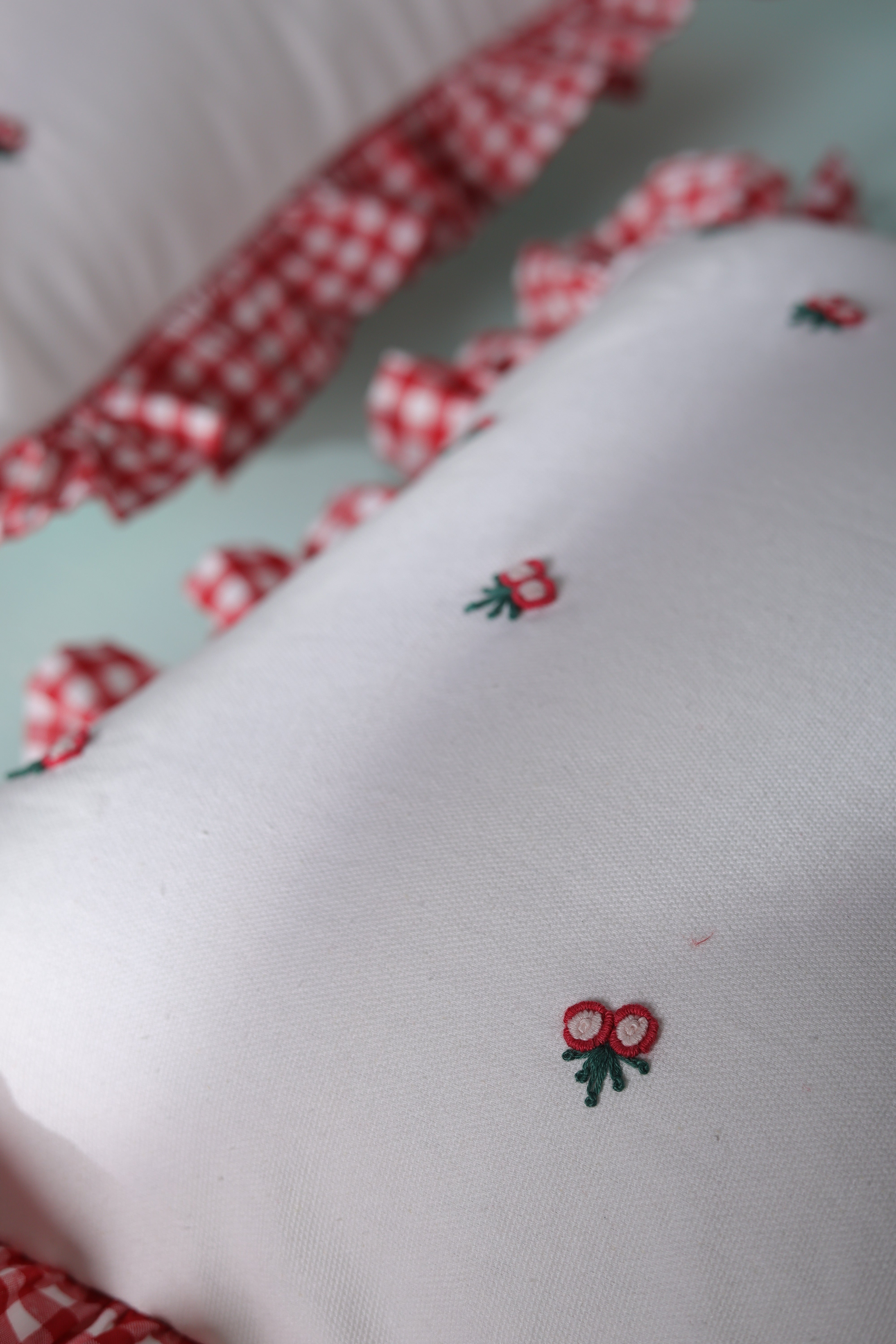 Gingham Ruffle Hand Embroidered Cushion Cover